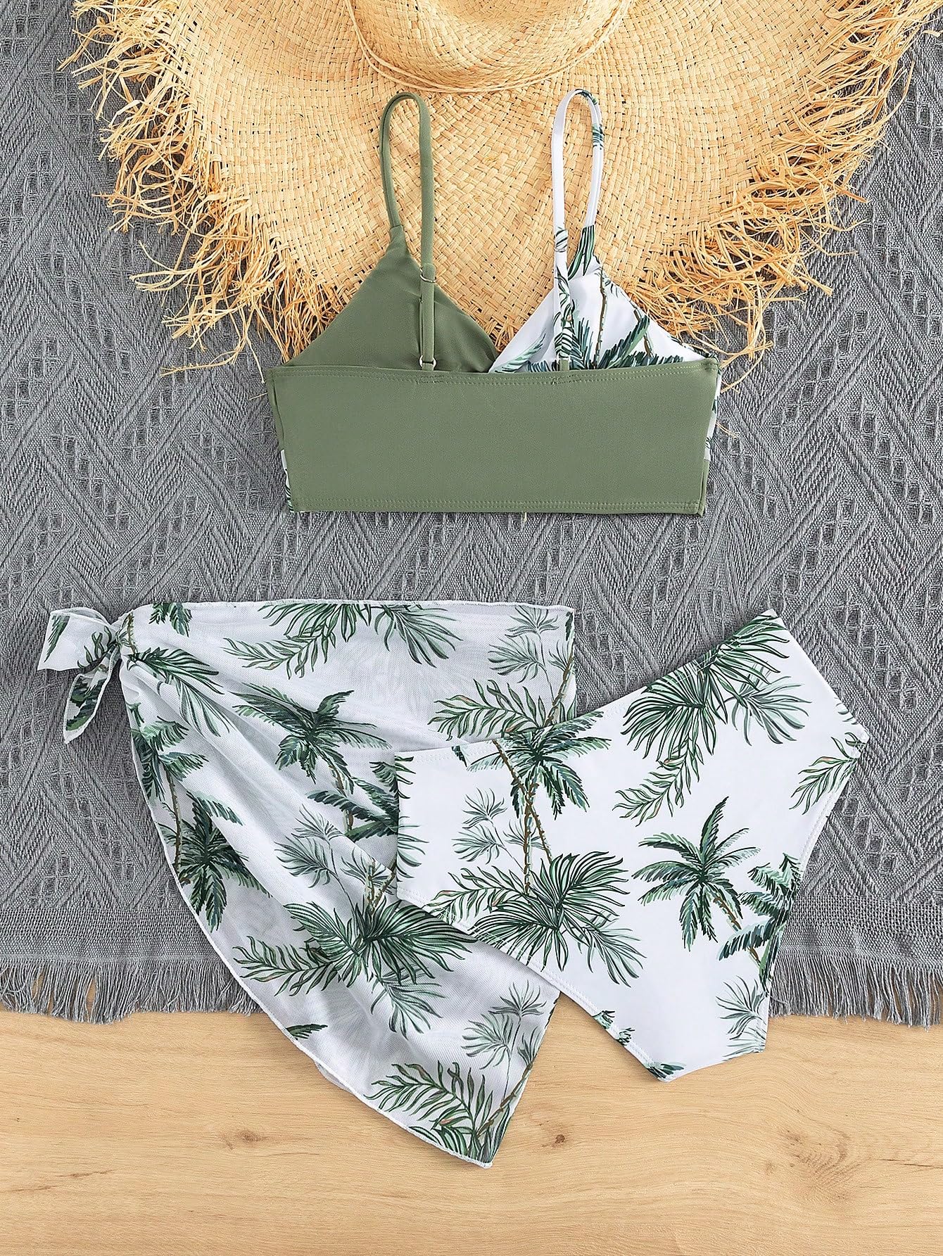 Milumia Girl's 3 Piece Swimsuits Printed Twist Bikini Set with Coverup Skirt Beachwear Green 12-13 Years