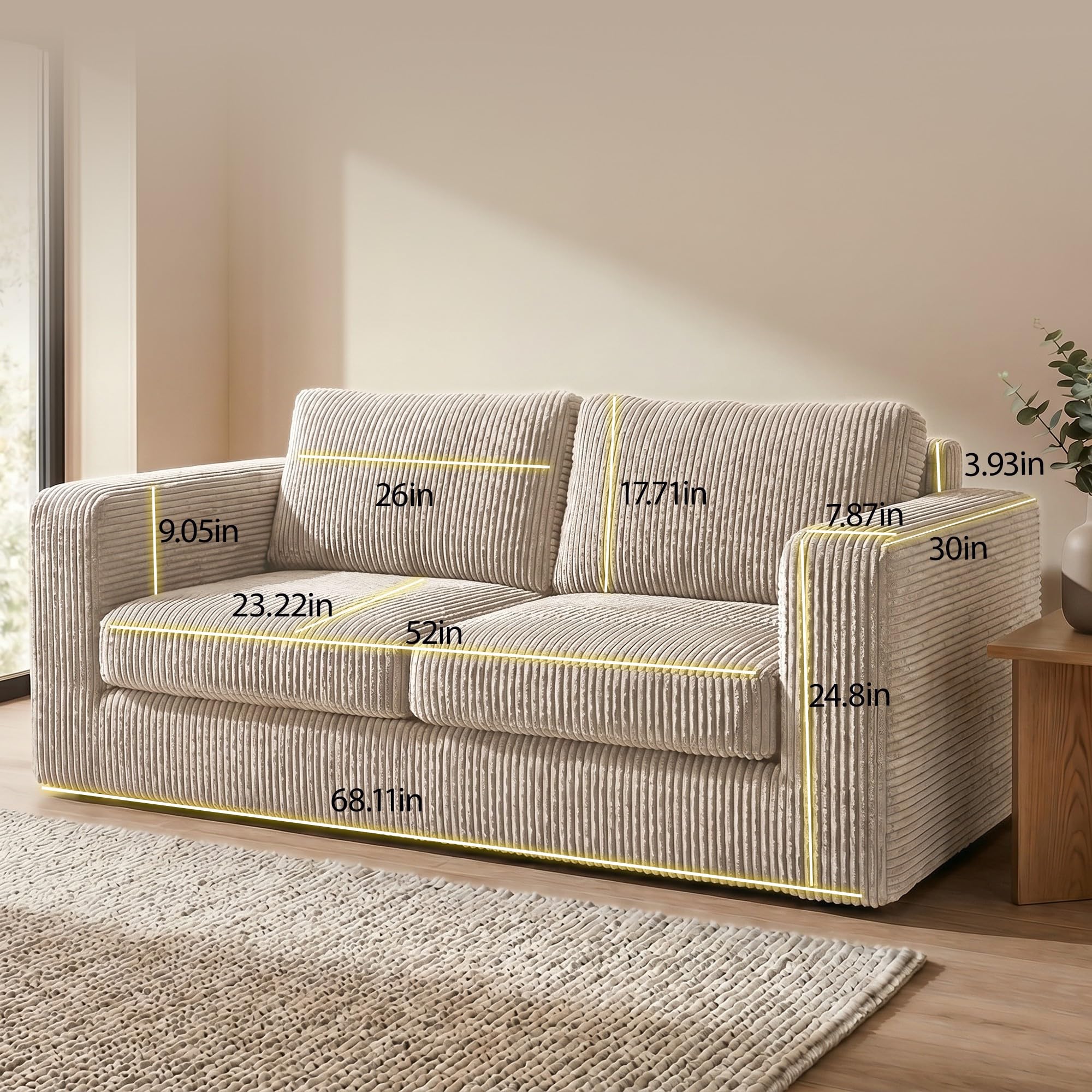 RUMMY 2-Sitzer Sofa aus Cord, kleines rahmenloses Sofa mit Cloud-Sofa-Komfort, hochelastischem Schaumstoff, Kompressionssofa und Bodensofa für Wohnzimmer, Elfenbeinweiß