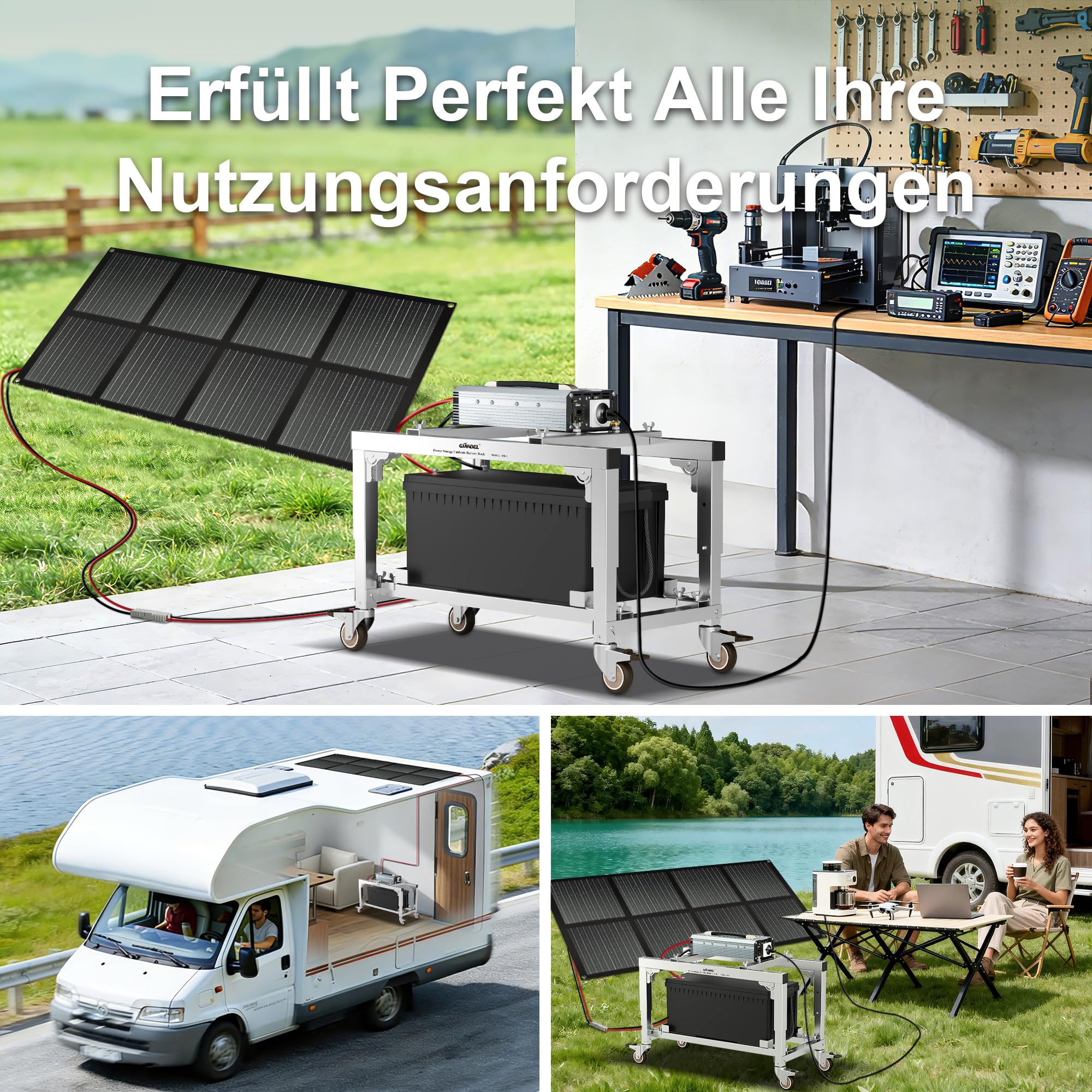 GIANDEL 1200W 12V tragbare Solarstromsystem-Kits, Off-Grid-Wechselrichtersystem-Kits: Faltbares Batteriegestell + 1200 W Reiner Sinus-Wechselrichter + 150W Solarpanel + Aufbewahrungstasche