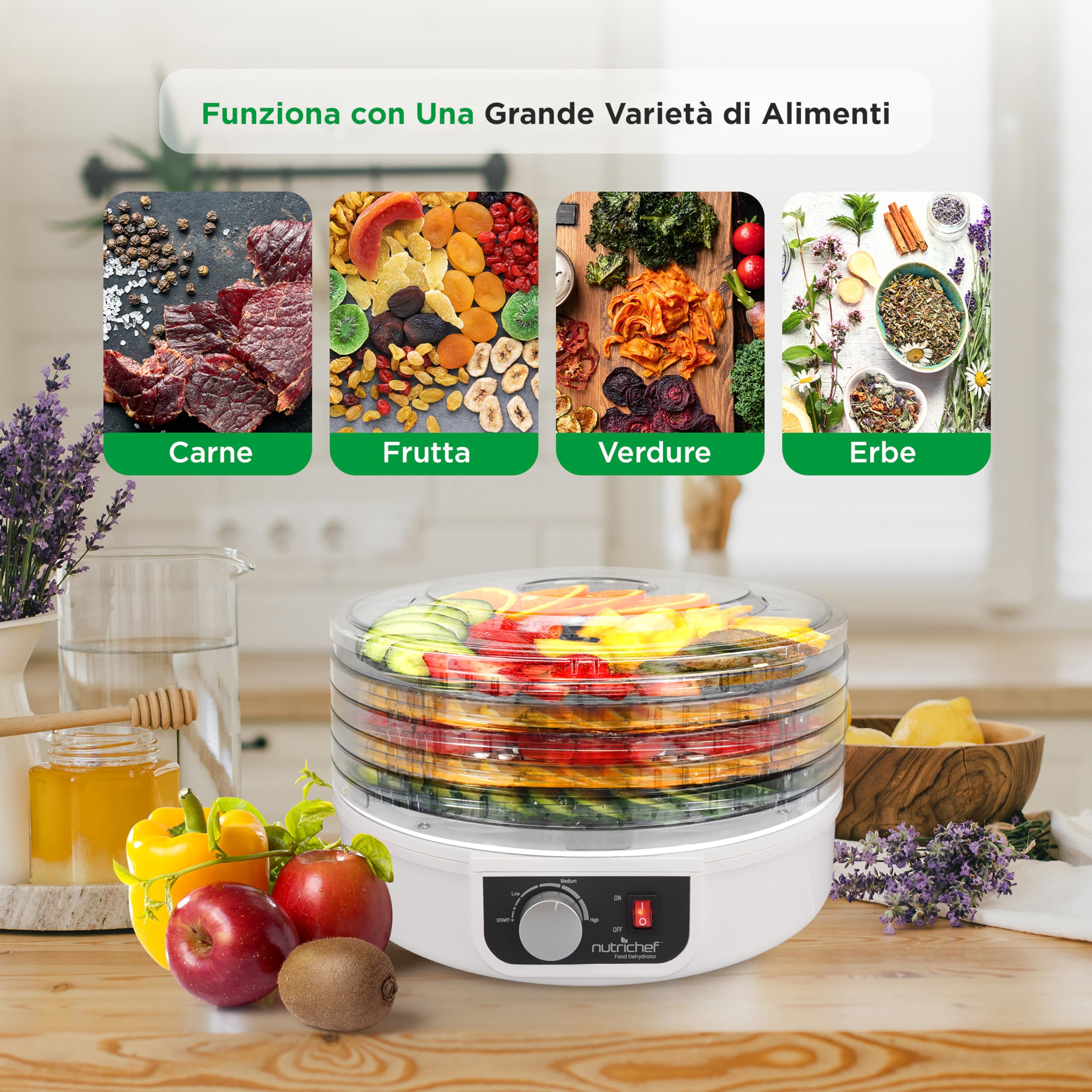 NutriChef Essiccatore Alimentare 5 Ripiani per Carne, Funghi, Frutta e Verdura con Circolazione Aria Calda, Facile da Pulire, Essiccatore Domestico Compatto