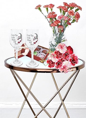 Miniatura 3 de Lovers - Juego de 2 copas de vino, con texto en inglés "I Love You to the Moon & Back with Red Hearts", diseño de corazón, aniversario, boda,