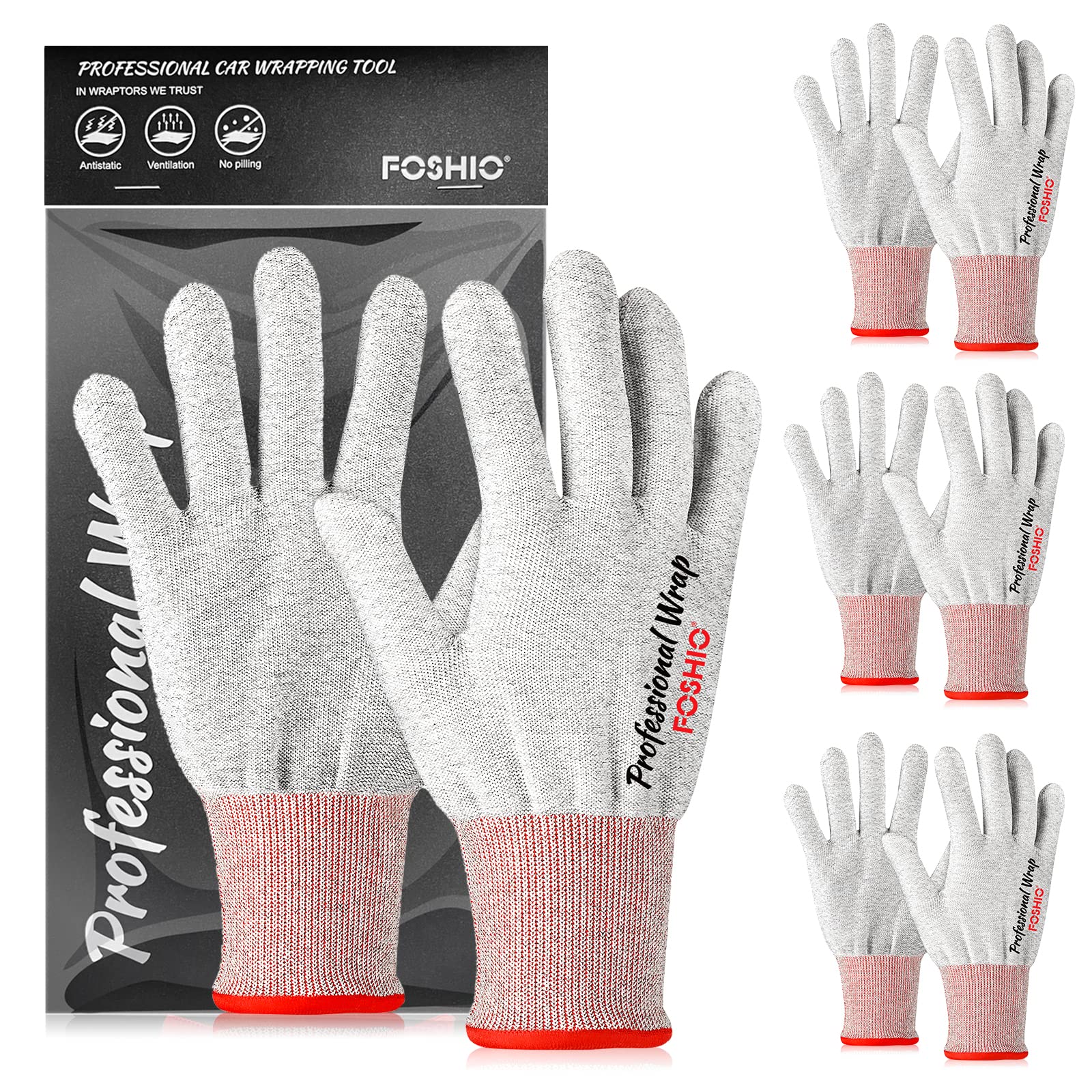FOSHIO Guantes de vinilo para envolver, guantes profesionales de aplicación antiestática, herramienta de envoltura de vinilo de fibra de carbono, guantes de trabajo antideslizantes sin polvo (4 pares)