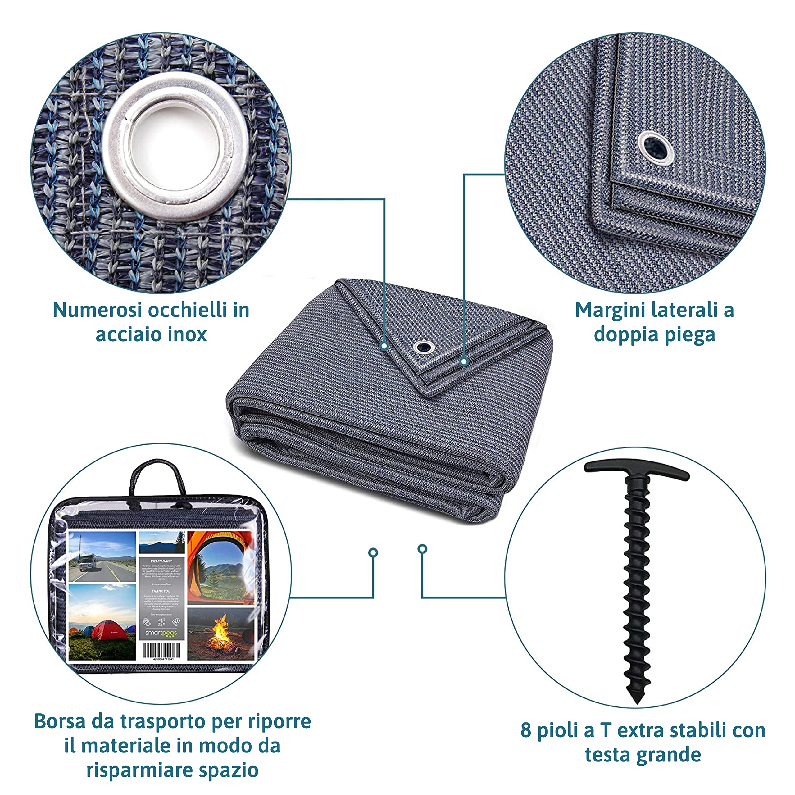 smartpeas Tappeto Da Campeggio 300X600Cm - Blu/Grigio - Altamente Robusto E Lavabile (Hdpe) + Inclusi: 8 Picchetti