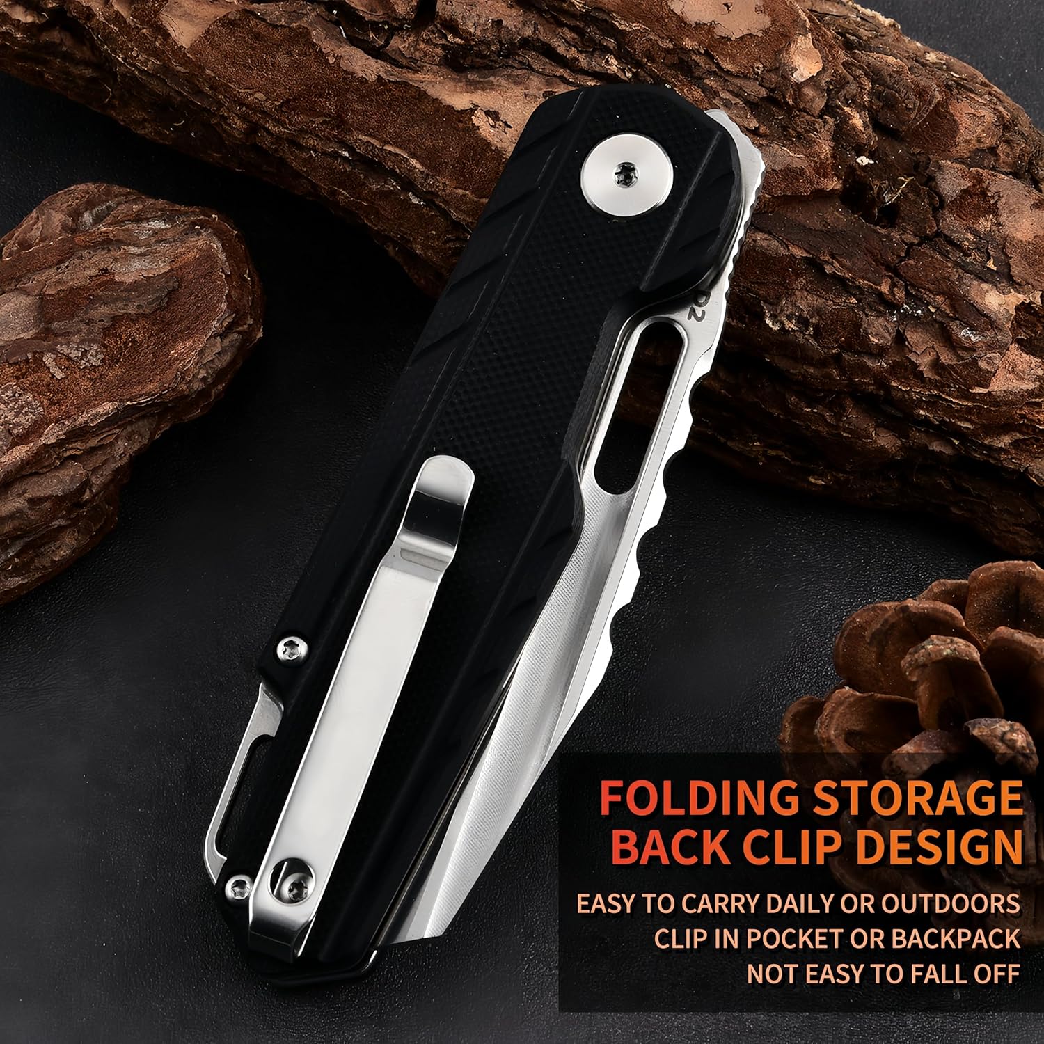 D2 Steel Folding Pocket Knife - EDC Utility Knife with G10 Handle for Camping, Hiking(Black)