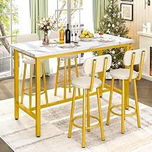 Recaceik 5-Piece Dining Table Set, Bar Table Set for 4, Industrial Kitchen Dining Set, Counter Height Table with 4 PU Upholstered Stools, Space-Saving Dinette Set for Pub Dining Room Marble Texture