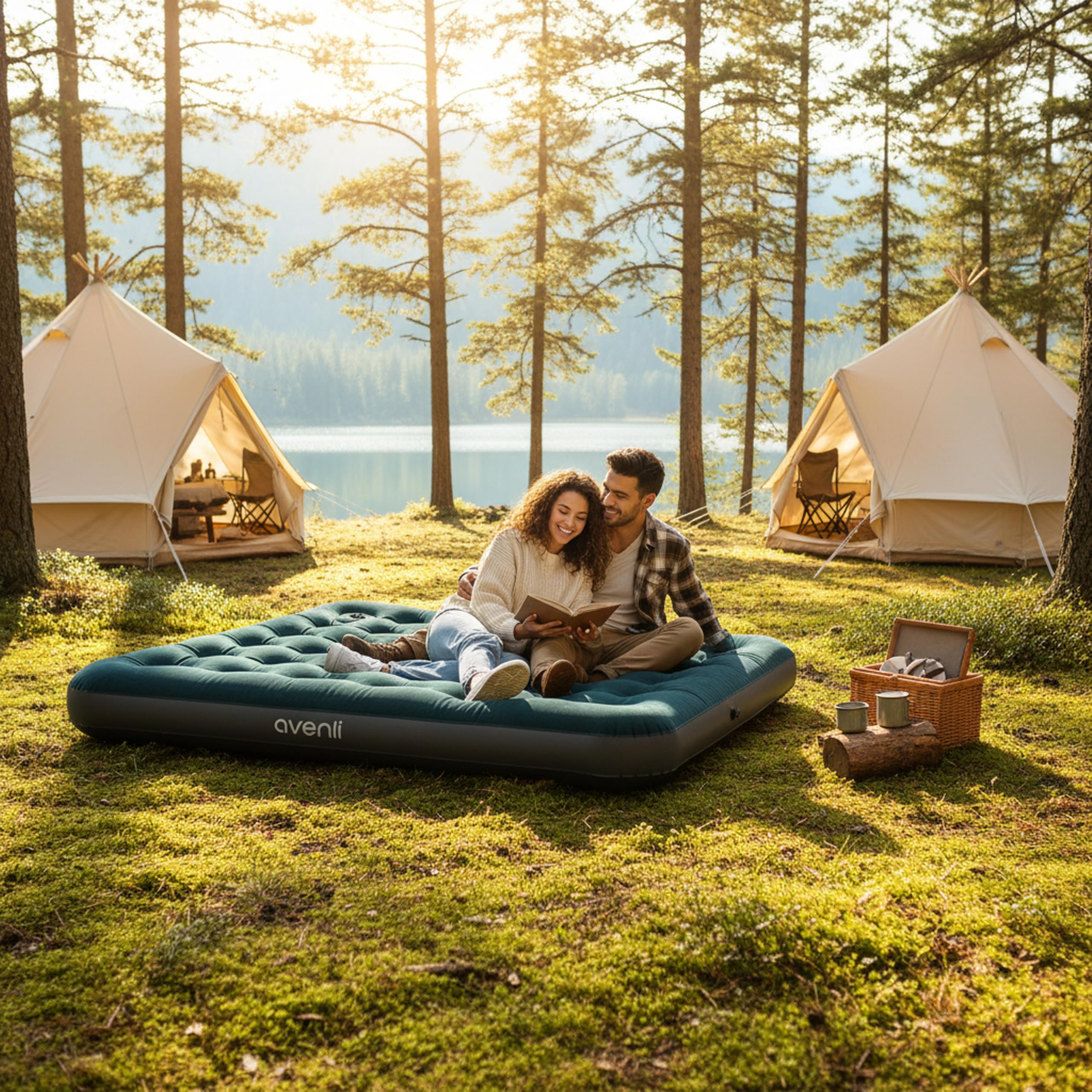 AVENLI Luftmatratze Camping Queen-Size 203x152x22 cm, Gästebett 2 Personen, integrierte Fußpumpe, CloudCoil, beflockt, bis 300 kg, grün/grau