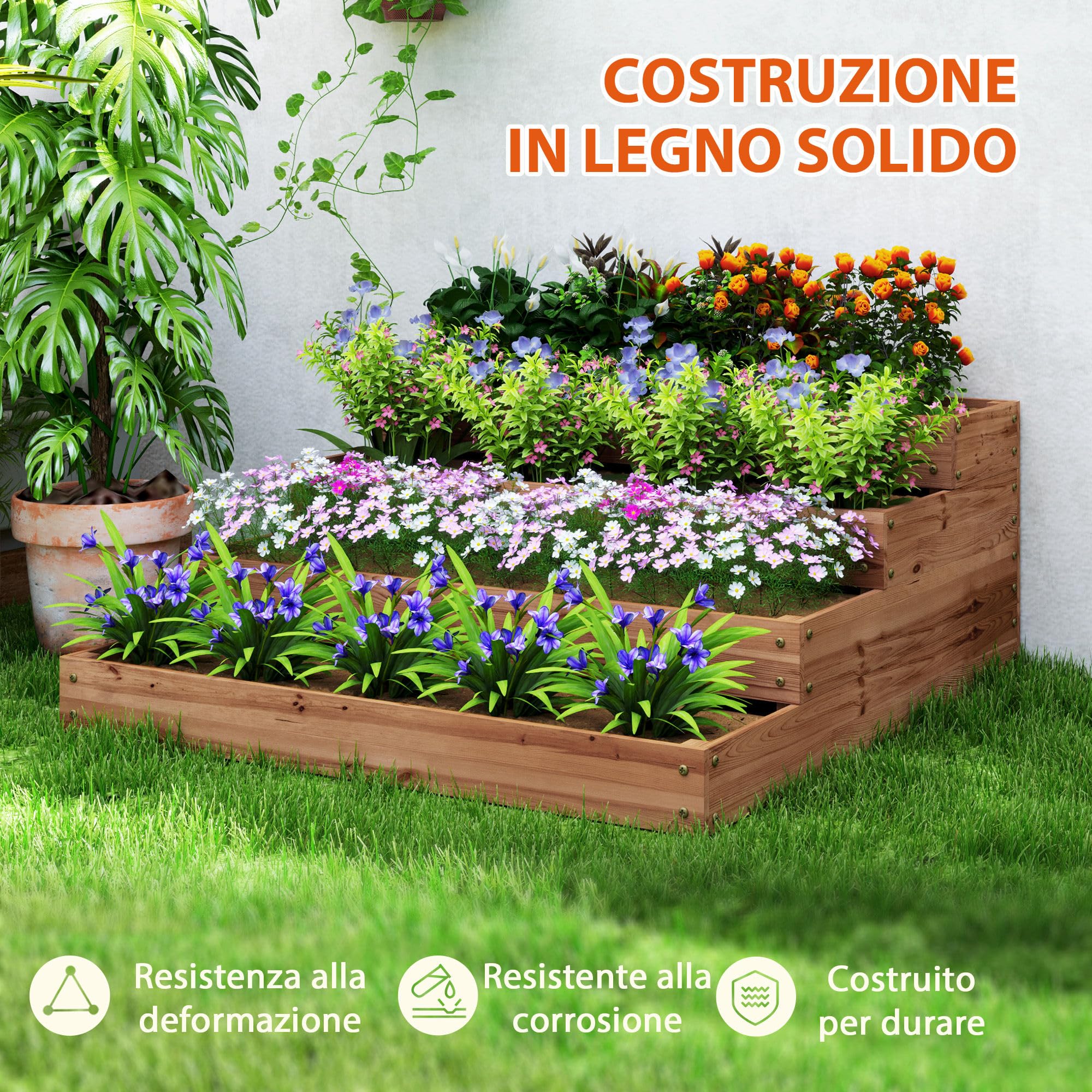 Outsunny Orto Rialzato da Esterno a 4 Livelli in Legno di Abete, Fioriera da Balcone con Fondo Aperto e Fodera in Tessuto, per Piante, Fiori e Verdure, per Giardino Balcone, 113x113x46 cm, Caffè Scuro
