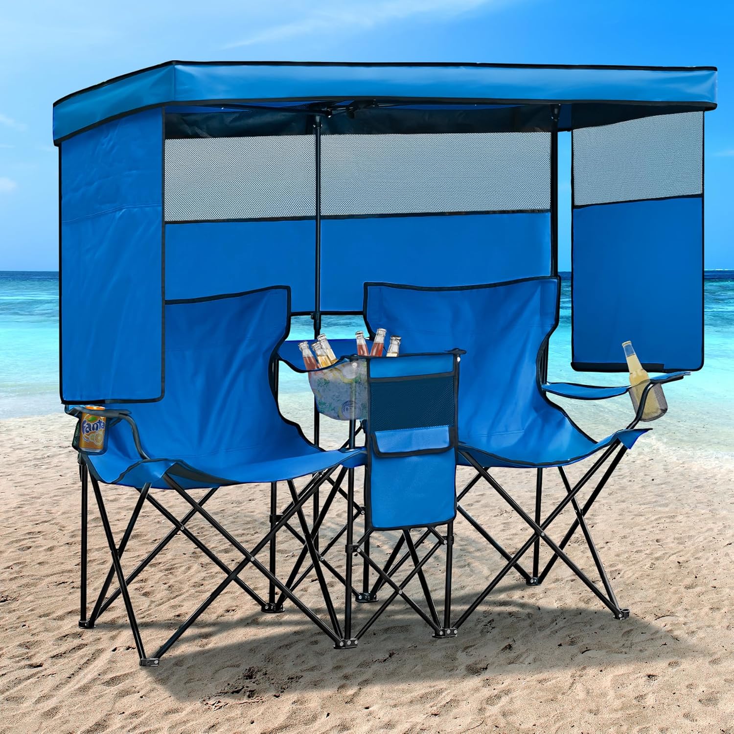 Double Beach Chair with Canopy Shade Oversized Camping Chairs with Cup Holder Cooler Bag Folding Loveseat Chairs for Camping Beach Lawn
