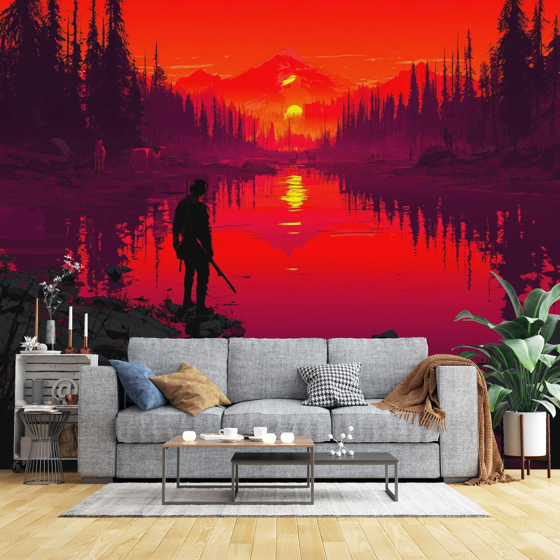 Custom Size Wall Murals Western Hunter at Sunset Lake Wall Murals Retro Wilderness Wallpaper, Wall Covering Fabric Self-Adhesive Removable Wallpaper for Bedroom