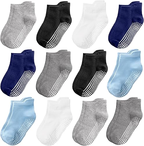 Tphon Calcetines antideslizantes para niños pequeños, 12 pares de calcetines de agarre para niños y niñas, calcetines de tobillo con agarre para