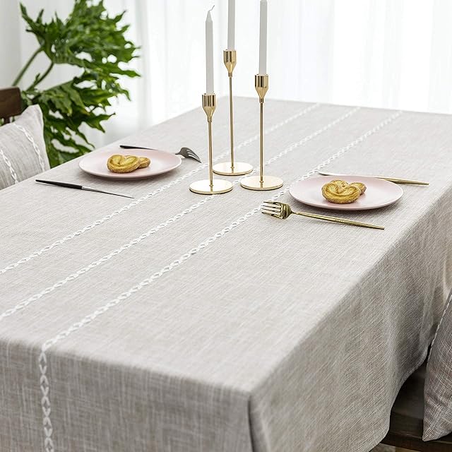 Home Brilliant Tablecloth Rectangle 132 x 218, Lattice Stripe Party Table Cloth, Faux Linen Heat-Resistant Tablecloths for Kitchen Patio(Oblong, 52 x 86 Inches, Light Linen)