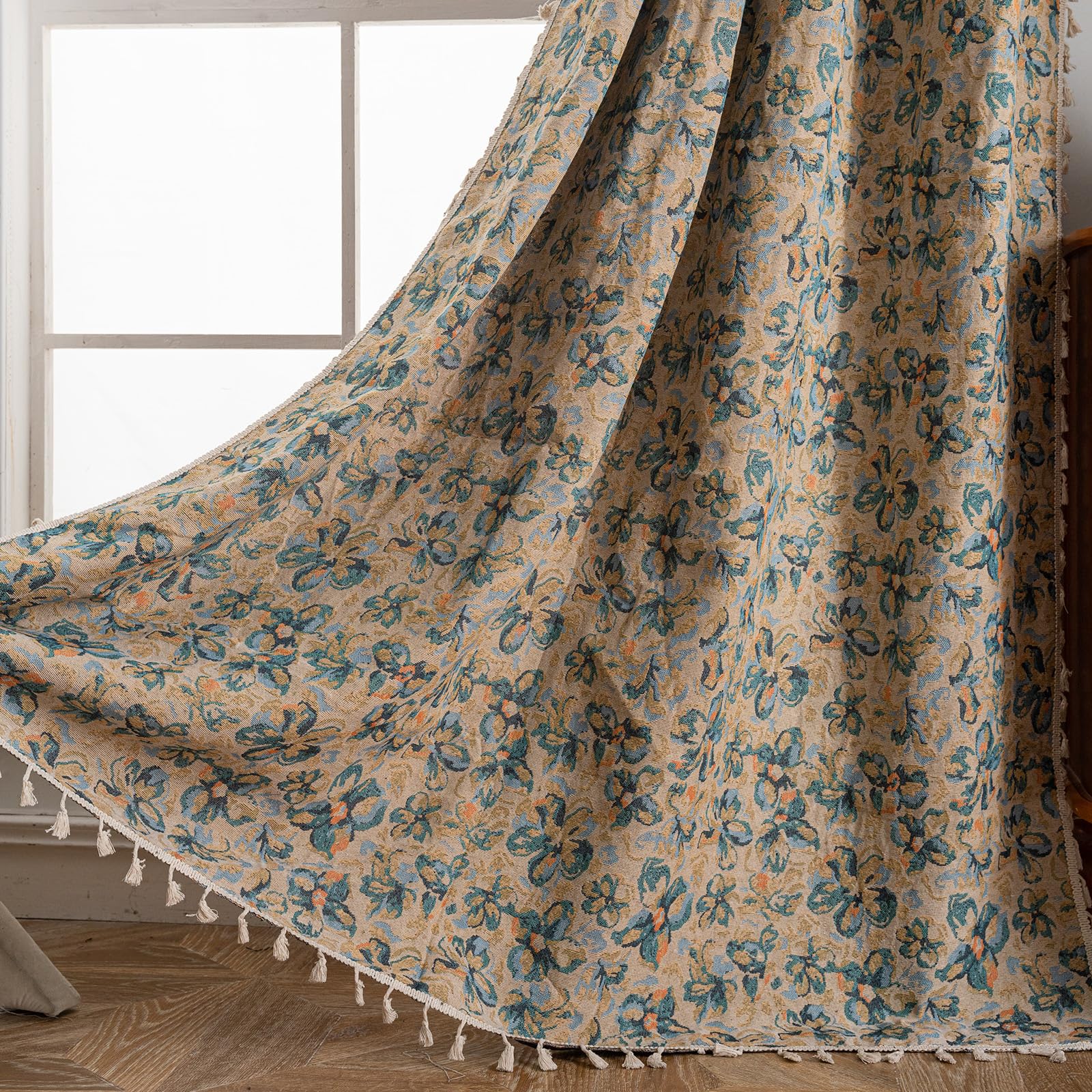 USTIDE Vintage Blue Floral Jacquard Curtain with Tassels 1 Panel - Bohemian Semi Blackout Window Drape with Rod Pocket for Living Room Bedroom, 150 x 180 cm — image 1