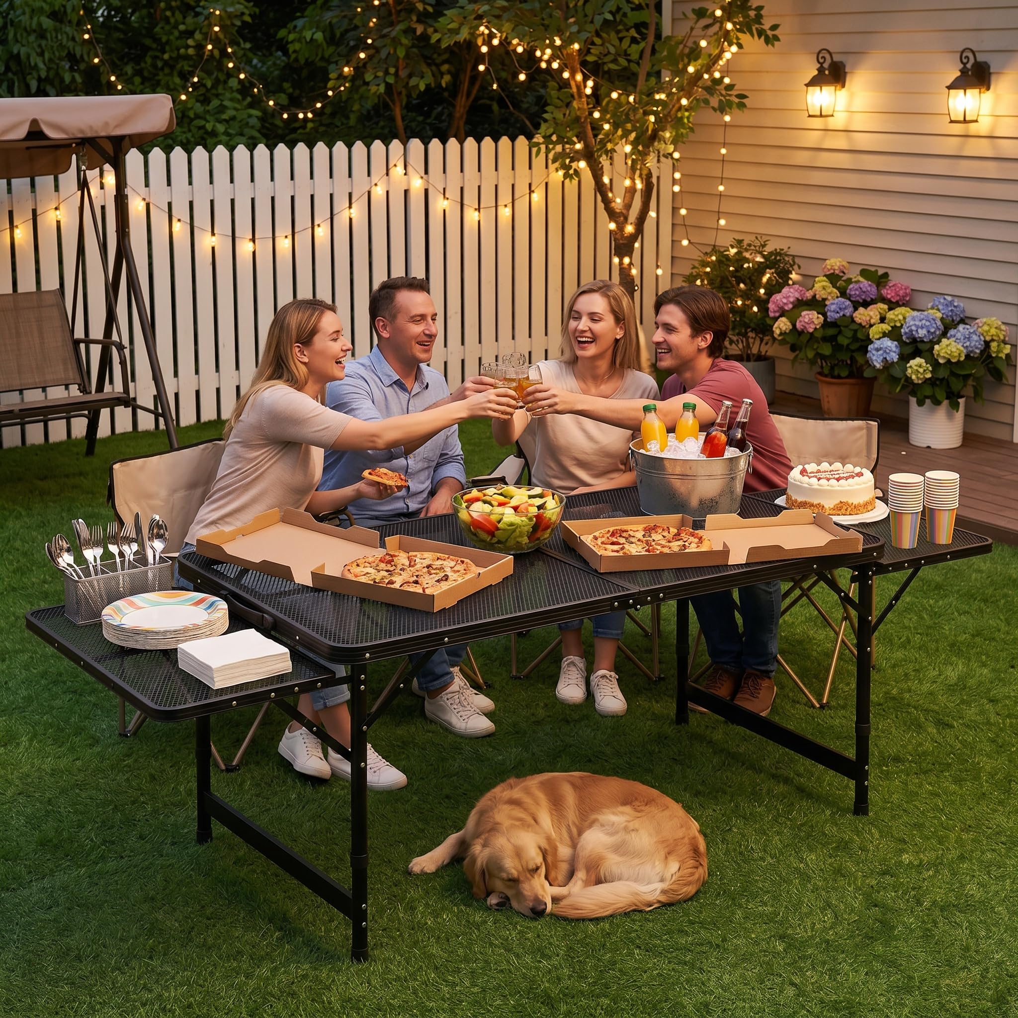 kleiner campingtisch beistelltisch YRHome 120x60cm Klappbar Outdoor Gartentisch mit Metallgitterplatte Grilltisch Klapptisch Verstellbare Höhe & Breite, Tragegriff Tisch für Picknick (bis 176x60 cm) Garten Grösse:XL/XXL STING MG-PR-17 vorderes Schutzblech, trapezoid