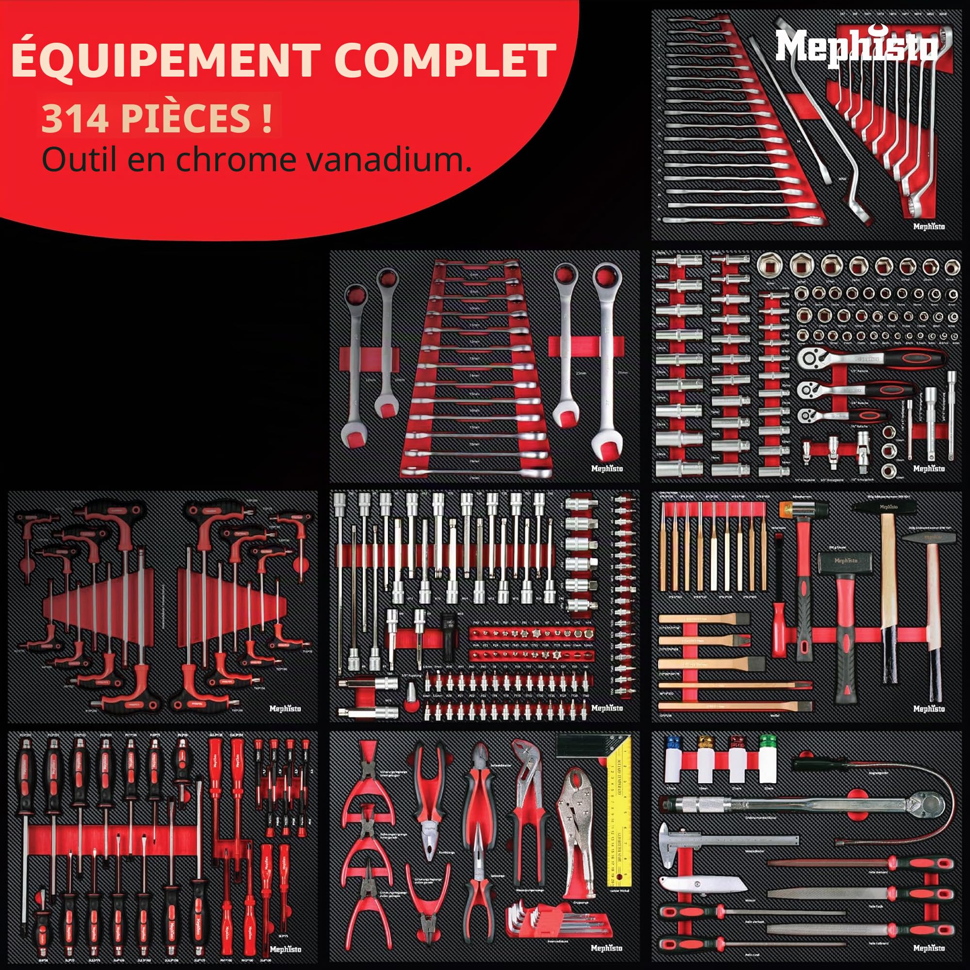 Mephisto Servante d'atelier avec 9 tiroirs avec Outils tels Que clé, cliquet avec boîte à Noix, clé à tête de Pipe, etc. dans des incrustations Souples en Carbone et tiroirs remplis de Carbone