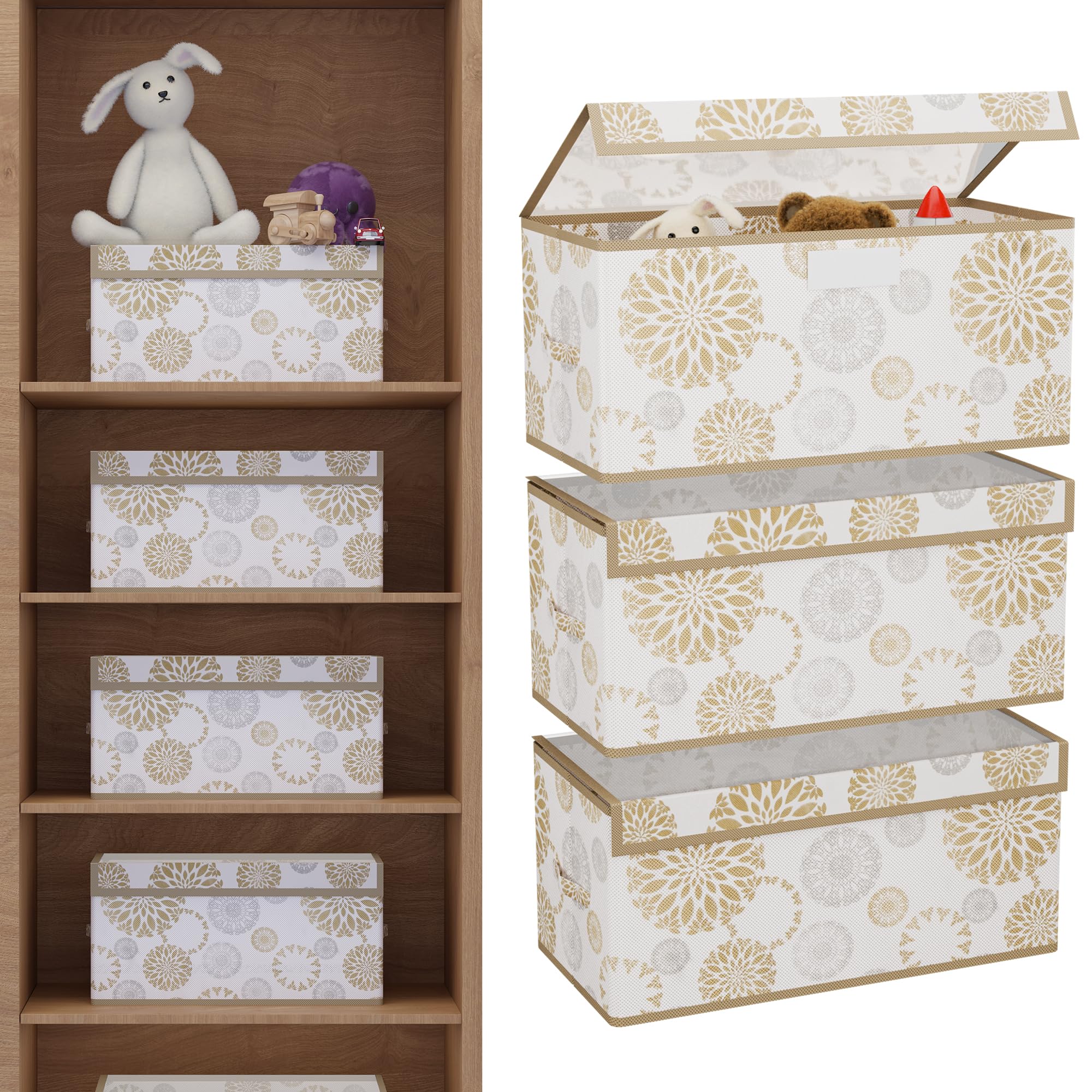 Kuber Industries 3 Pcs Storage Box with Transparent Lid | Closet Organizers for Toys & Book Storage | Foldable Almirah Dress Organizer | Cupboard/Wardrobe Drawer Organiser | Small - Gola | White