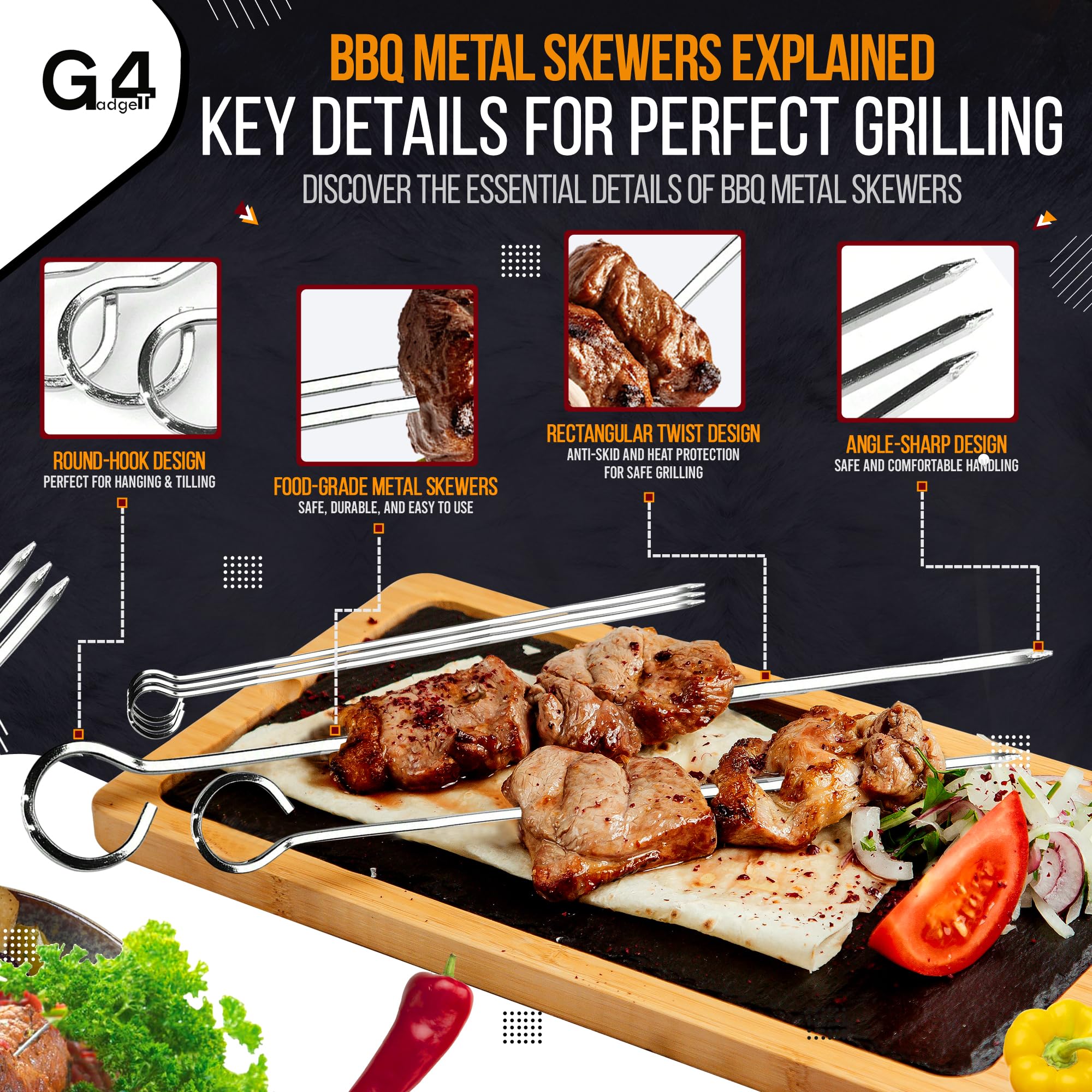 Achat 4pcs Brochettes de Kebab Support, support pour 6 brochettes, Set