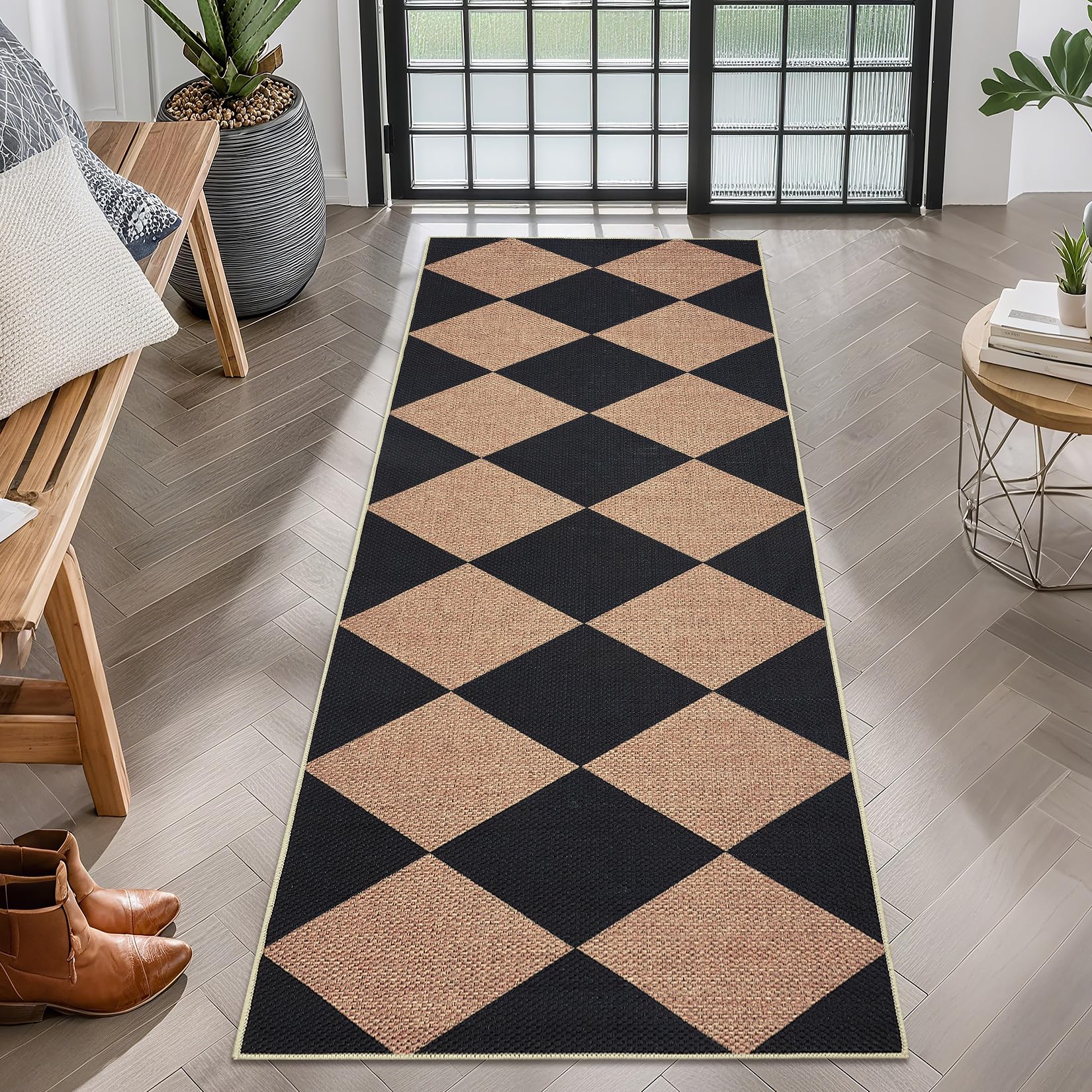 GarveeHome Checkered Easy Jute Runner Rug 2x6 Non-Slip Machine Washable Stain Resistant Indoor Outdoor Rugs for Living Room, Bedroom, Kitchen, Dining, Patio - Farmhouse Style Black Tan