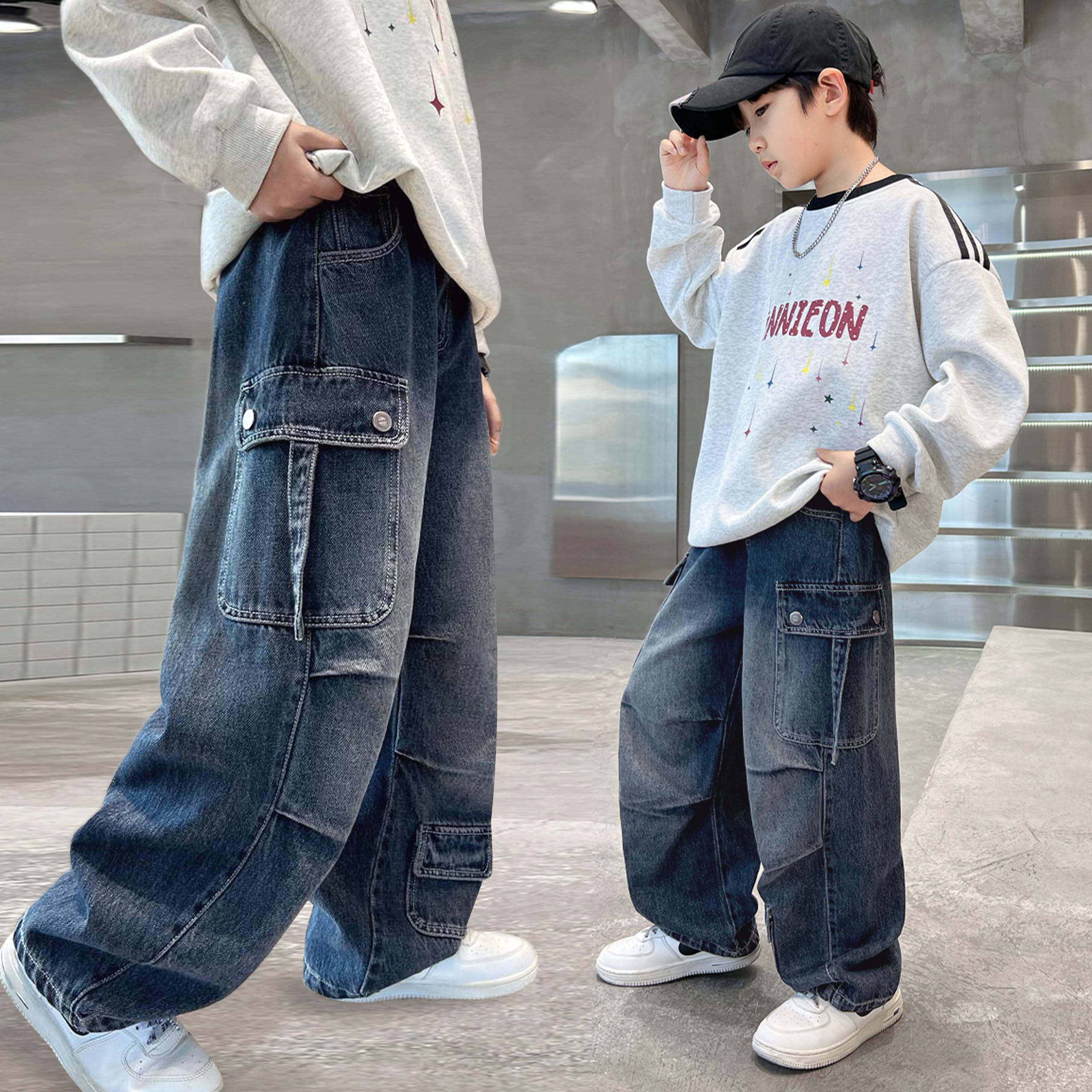Rolanko Jeans Larges Garçons, Jogger Cargo en Denim à Jambe Évasée avec Multiples Poches, Pantalon à Taille Élastique pour Enfants
