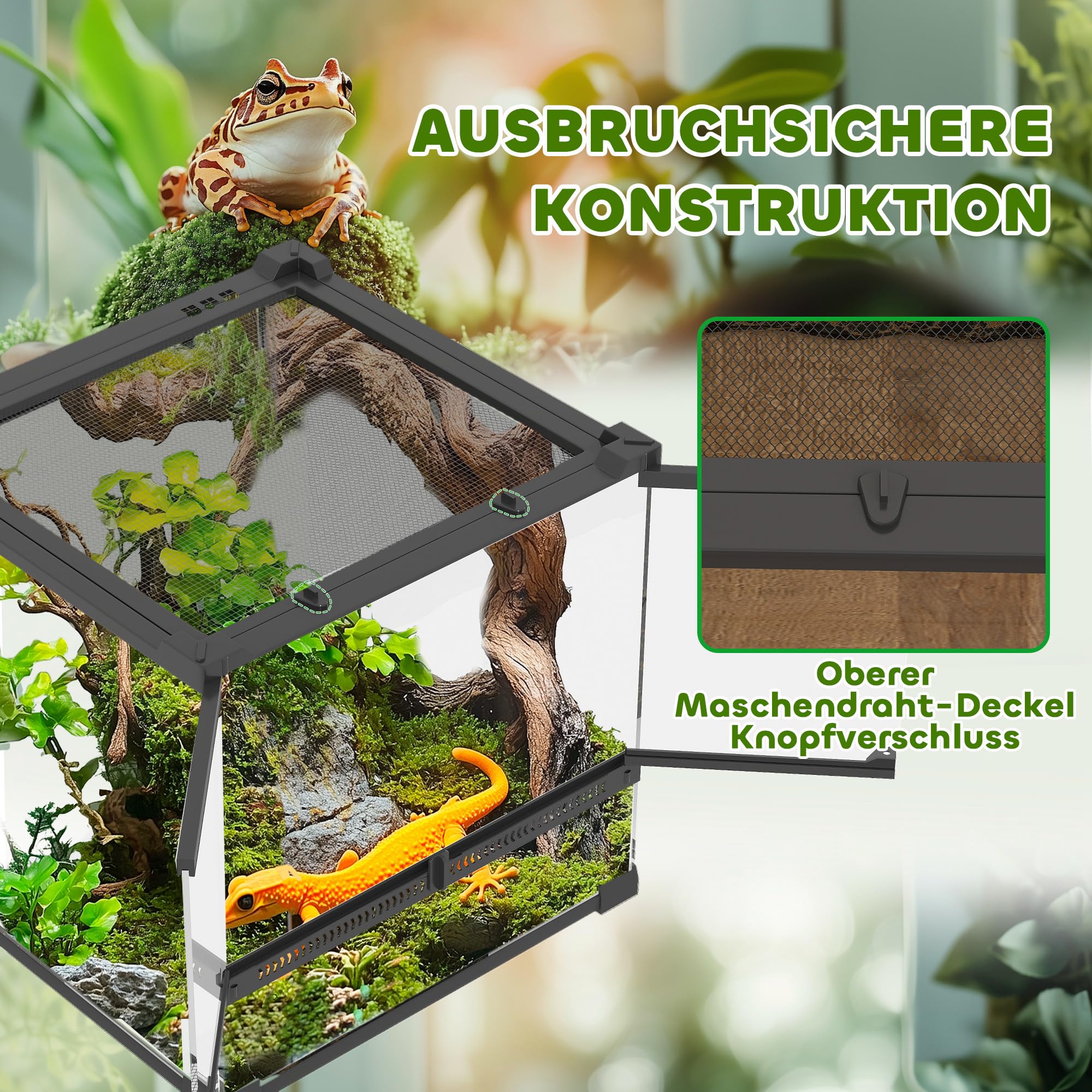 PawHut Terrario per rettili, terrario in vetro, 24 l, contenitore di alimentazione rettile, con ventilazione frontale, tappo a vite per anfibi ragno, nero, 30 x 30 x 30 x 30 cm