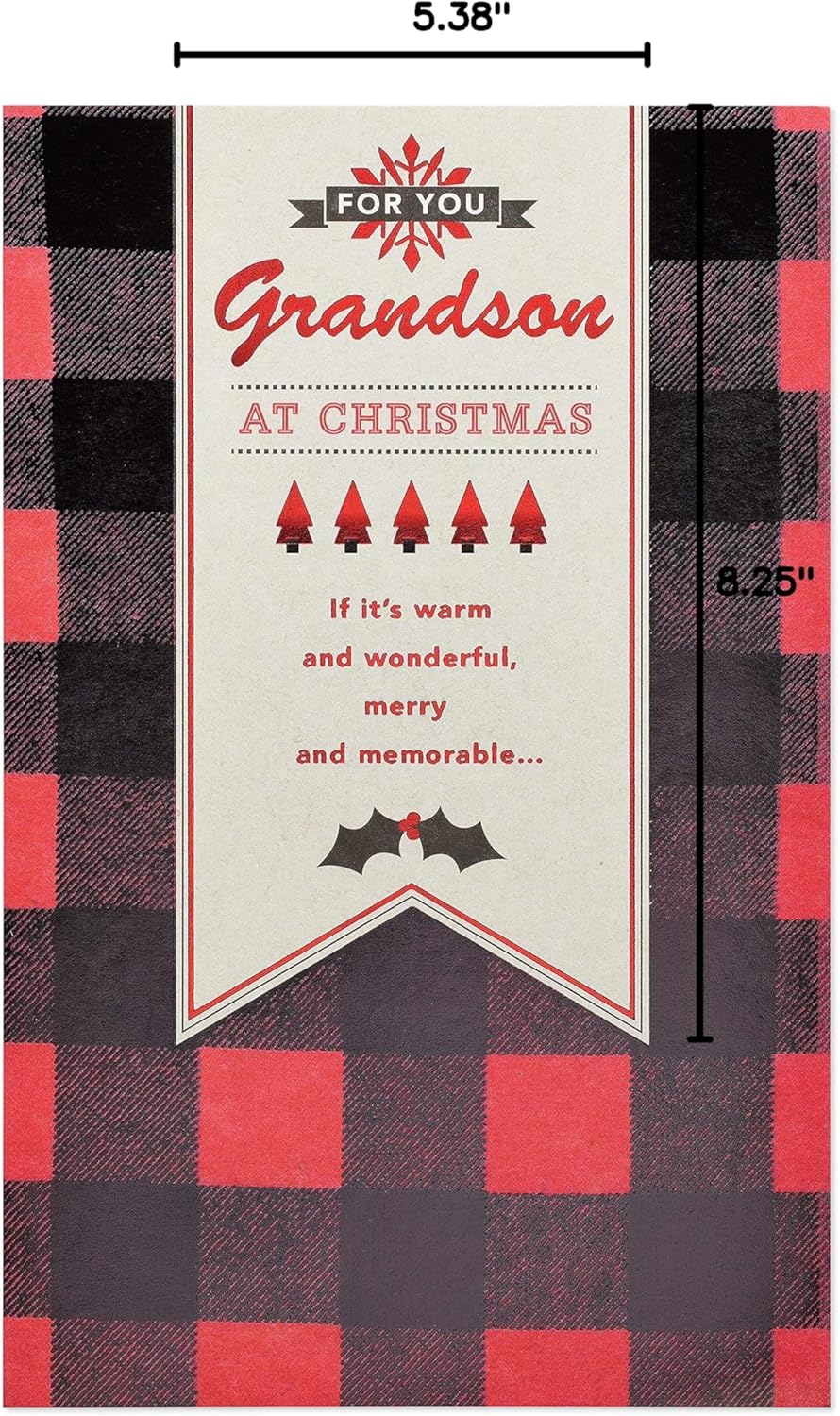 American Greetings Christmas Card for Grandson, Red and Black Buffalo Plaid Holiday Greeting for Grandchild (Merry and Memorable)