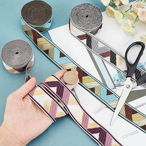Miniatura 3 de CHGCRAFT 8.2 yardas de 1-18 pulgadas, 3 colores, cinta jacquard bohemia, cinta étnica, bordada geométrica, ribete jacquard para costura, bolsa hecha