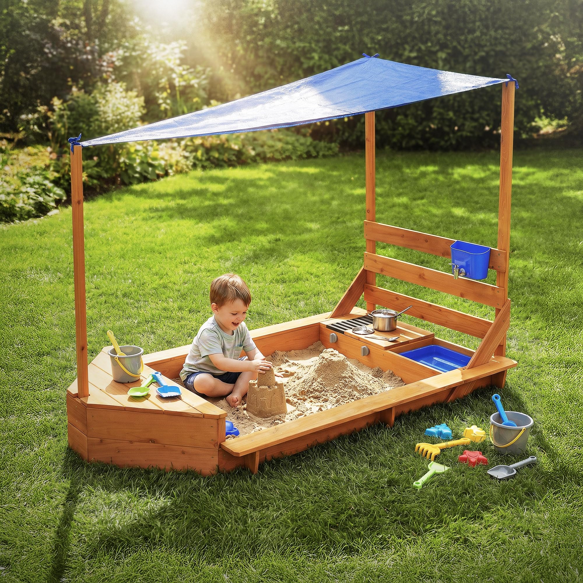 ML-Design Sabbiera Bambini con Tetto, Forma di Nave, Sabbionaia da Esterno in Legno Massiccio, 2 Panchine, Cucina e Accessori, Protezione dai Raggi UV e Bordi Sicuri, Giochi da Giardino 101x163 cm