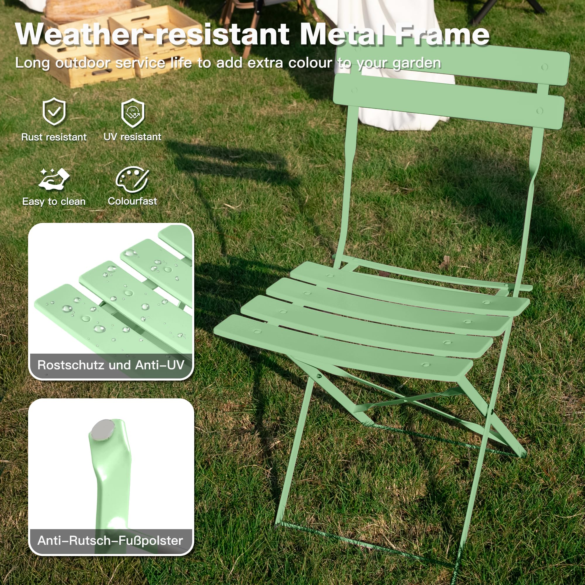 Set di mobili da giardino resistente alle intemperie, set da 3 pezzi, per piccoli balconi, tavolo da bistrot con 2 sedie, set da bistrò, pieghevole, verde