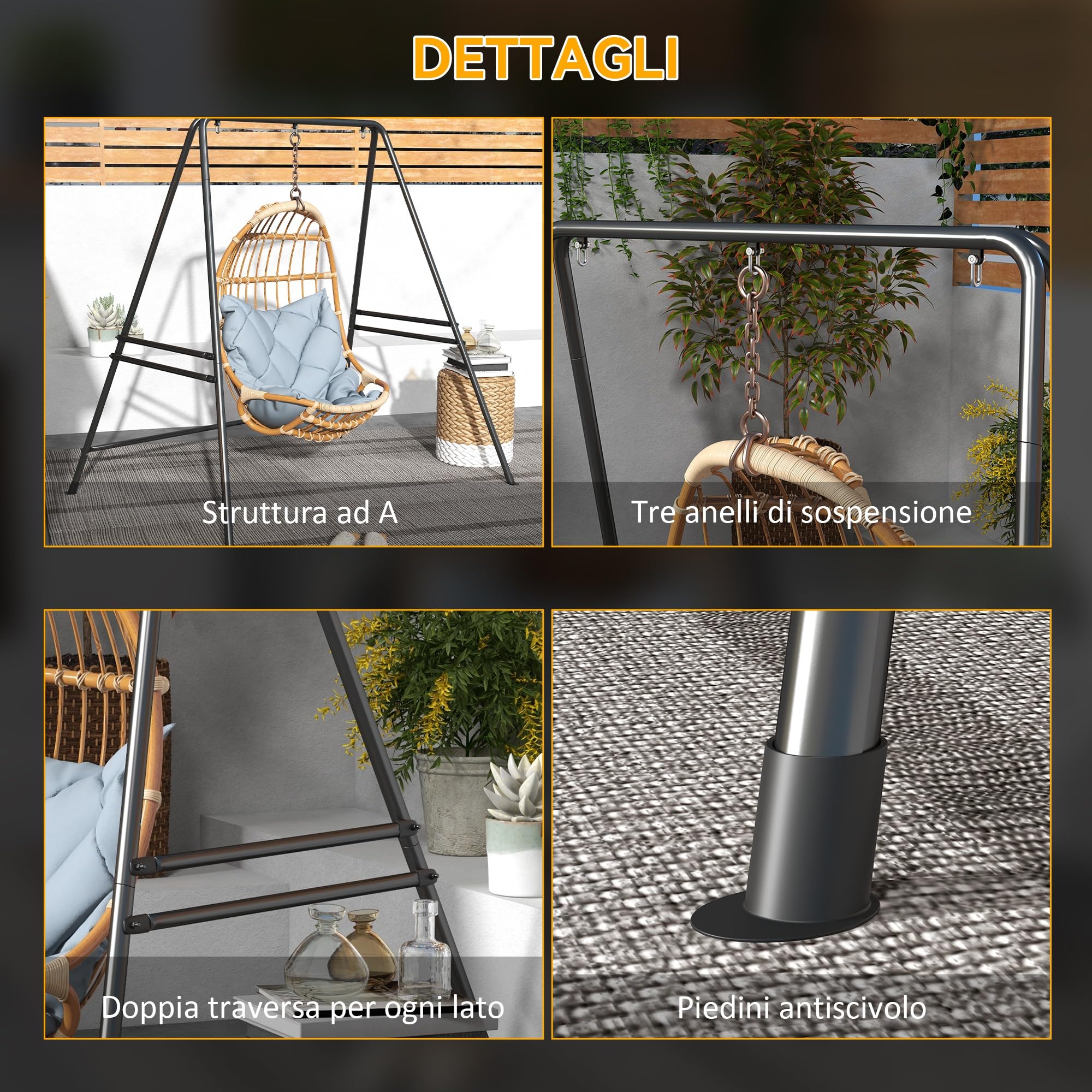 Outsunny Supporto per Amaca e Sedia a Dondolo/a Uovo, Sostegno Amaca in Acciaio con Gambe ad A e Agganci, Facile da Montare, per Esterno ed Interno, 178x143x180 cm, Nero
