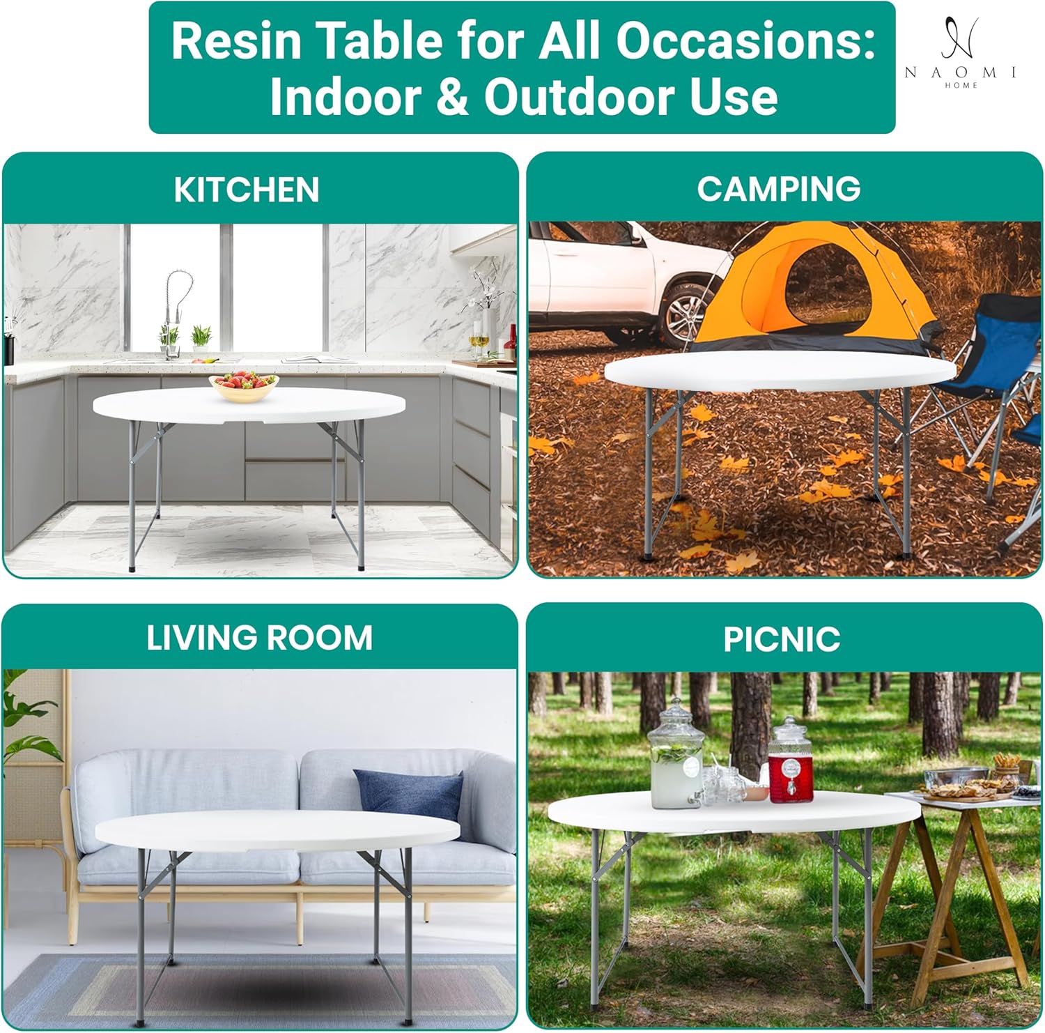 Naomi Home Round Bi-Fold Resin Table with Carrying Handle White/5 ft
