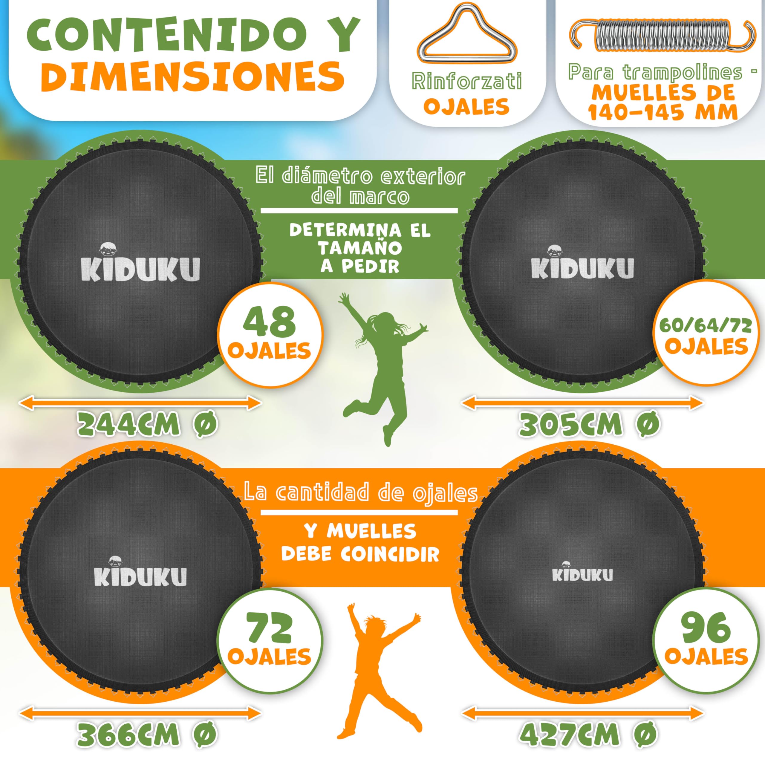 KIDUKU Sábana elástica de salto de 244, 305, 366 y 427 cm de diámetro, 48 – 96 ojales, resistente a los rayos UV y a la intemperie, accesorio de repuesto para cama elástica de jardín, tela de salto de
