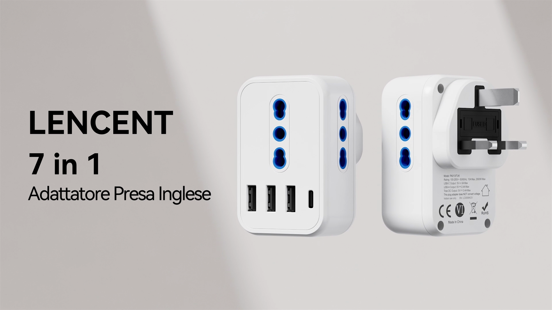 Adattatore Da Viaggio Inghilterra/Germania Tipo G | 3 USB + 1 USB C (3,4A) | 6 In 1 | Per UK, Irlanda, Dubai, Maldive | Nero - 4