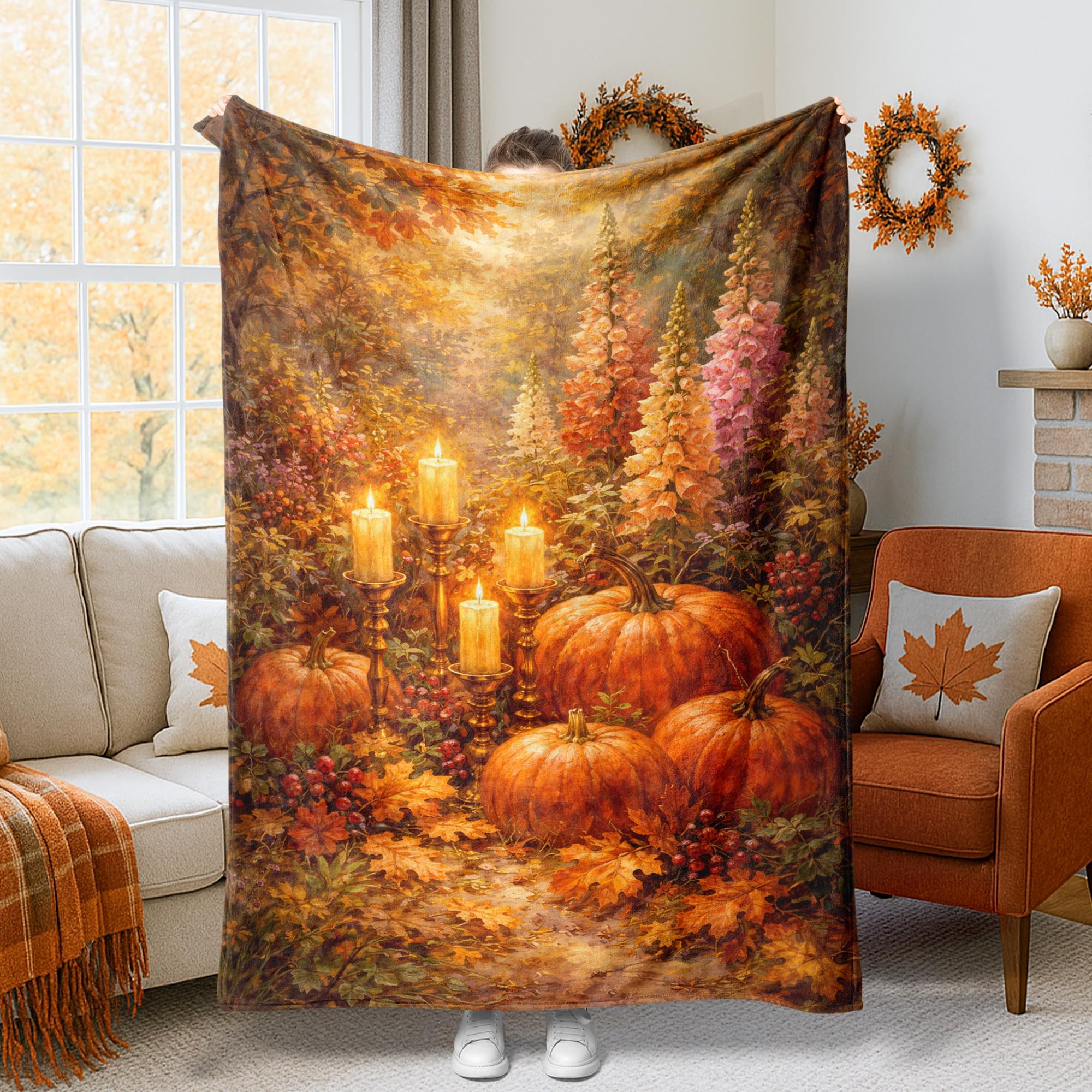 Jeté de lit citrouilles rustiques en fausse fourrure orange d'automne, plaid doux 152x203 cm