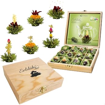 Creano Tea Flowers Gift Set in Wooden Tea Box 12 Blooming Tea in 6 Varieties Green Tea Fruity Flavoured Fruit Flavour Tea Roses Tea Gift for Women