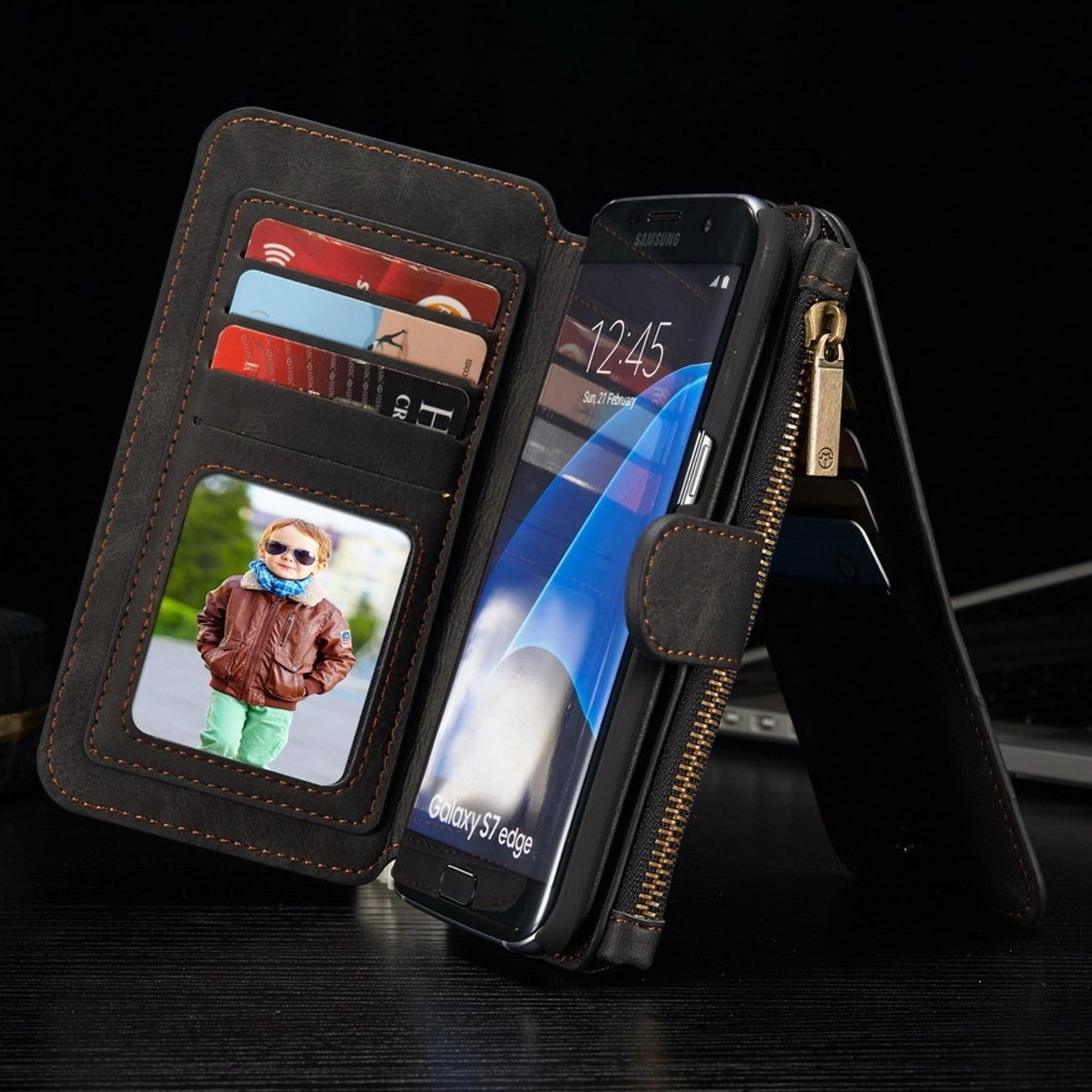 CaseMe Safari Black Genuine Leather Magnetic Phone Case Purse Wallet Flip Cover for Samsung Galaxy s7 Edge with Large Zipper Compartment, Kickstand, 13x Credit Card slots and Photo frame