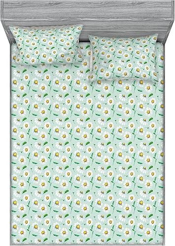 Miniatura 30 de Ambesonne Geometric Fitted Sheet & Pillow Sham Set, Minimalist Vibe Retro Pattern of Waves and Circles Scandinavian, Decorative Printed 3 Piece Pale