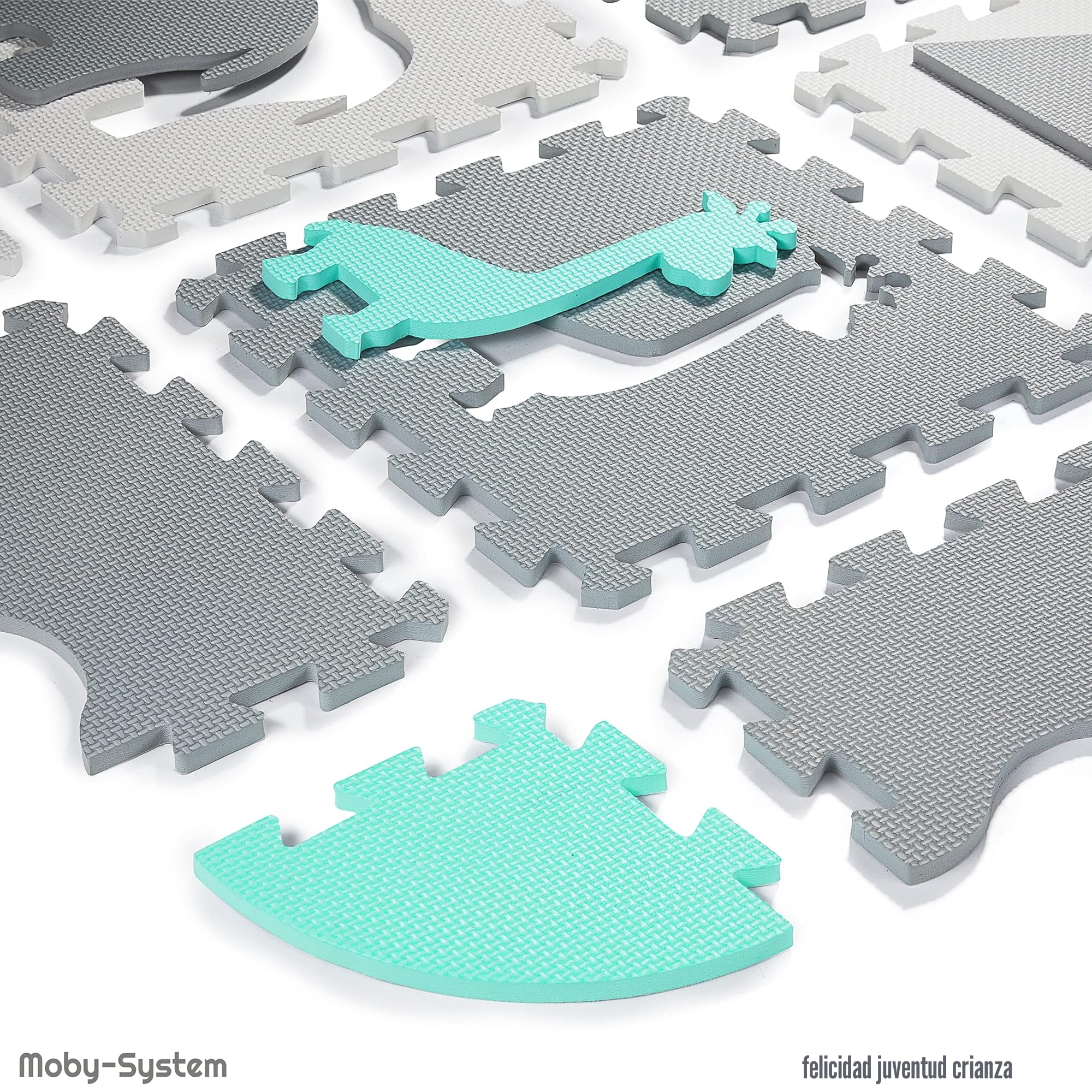 Moby-System Tapete Puzzle para Bebés 150x150cm - Alfombra Puzzle Antideslizante para Gatear y Jugar - Alfombra Bebe Impermeable con Diseños Educativos - Plegable y Lavable