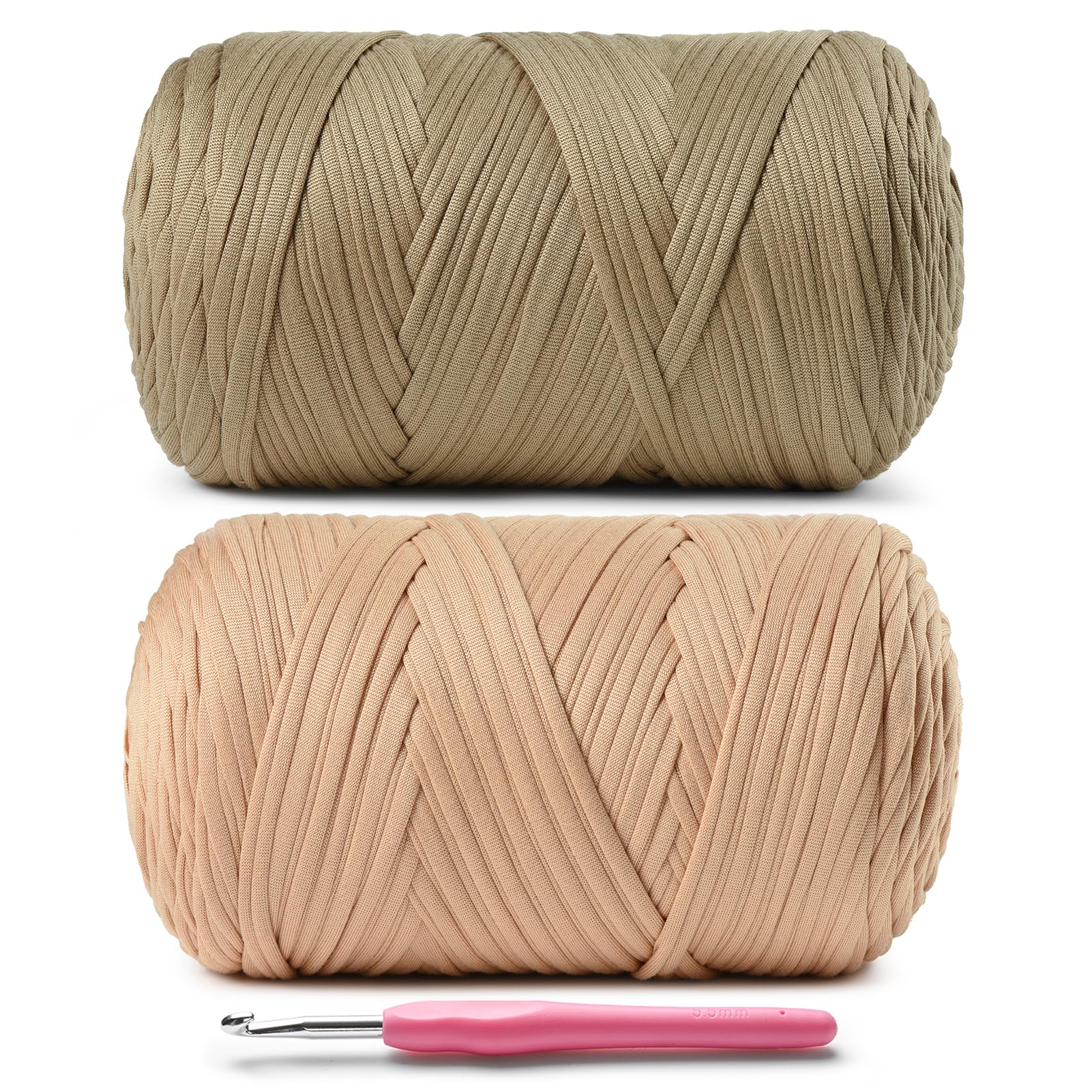 2 Pack Elastic Fabric T Shirt Yarn for Crocheting,Beginner Crochet Yarn with Polyester Spandex Blend,Total 800g/228yds Soft Tshirt Yarn for Crochet Crafts/Bags/Baskets(Light Tan+Deep Khaki)