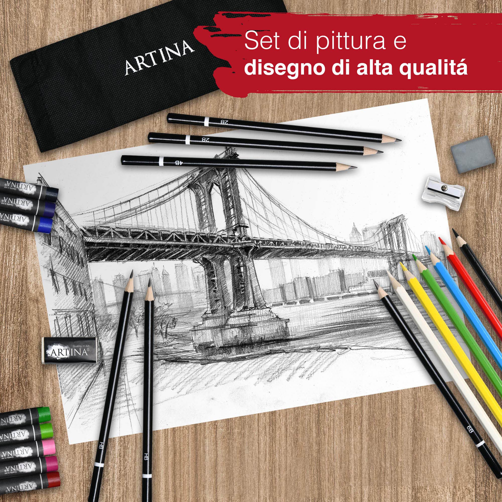 Artina XXL 111+11 Pezzi Set Pittura con Cavalletto Tavolo per Dipingere – Colori Acrilici, Acquerelli, Pastelli, Tela, Pennelli – Kit Pittura Adulti Bambini – Regalo di Natale Creativo – Michelangelo