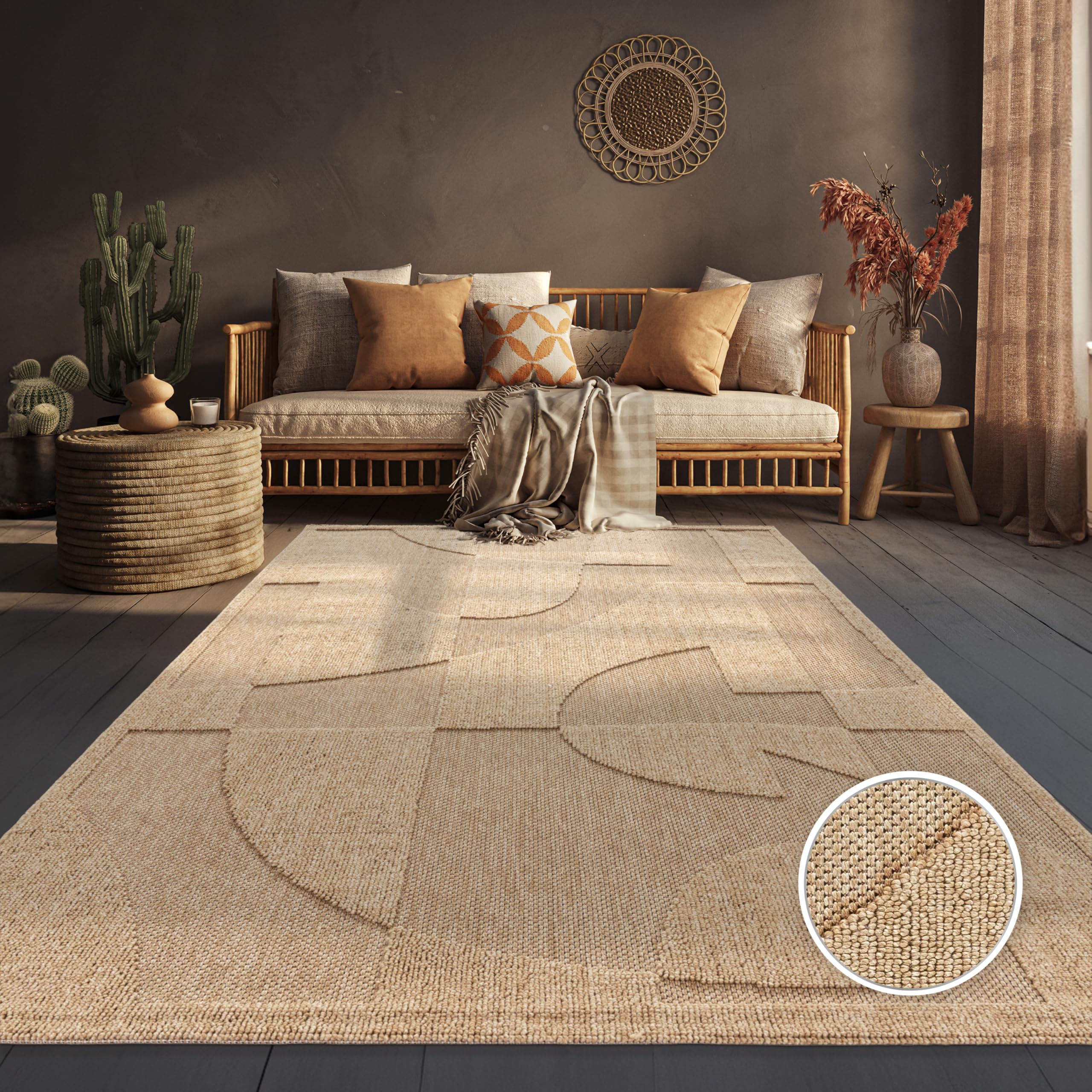 Paco Home Alfombra De Exterior Resistente A La Intemperie Balcón Salón Diseño Boho Abstracto Patrón Geométrico Unicolor 3D Beige, tamaño:80x150 cm