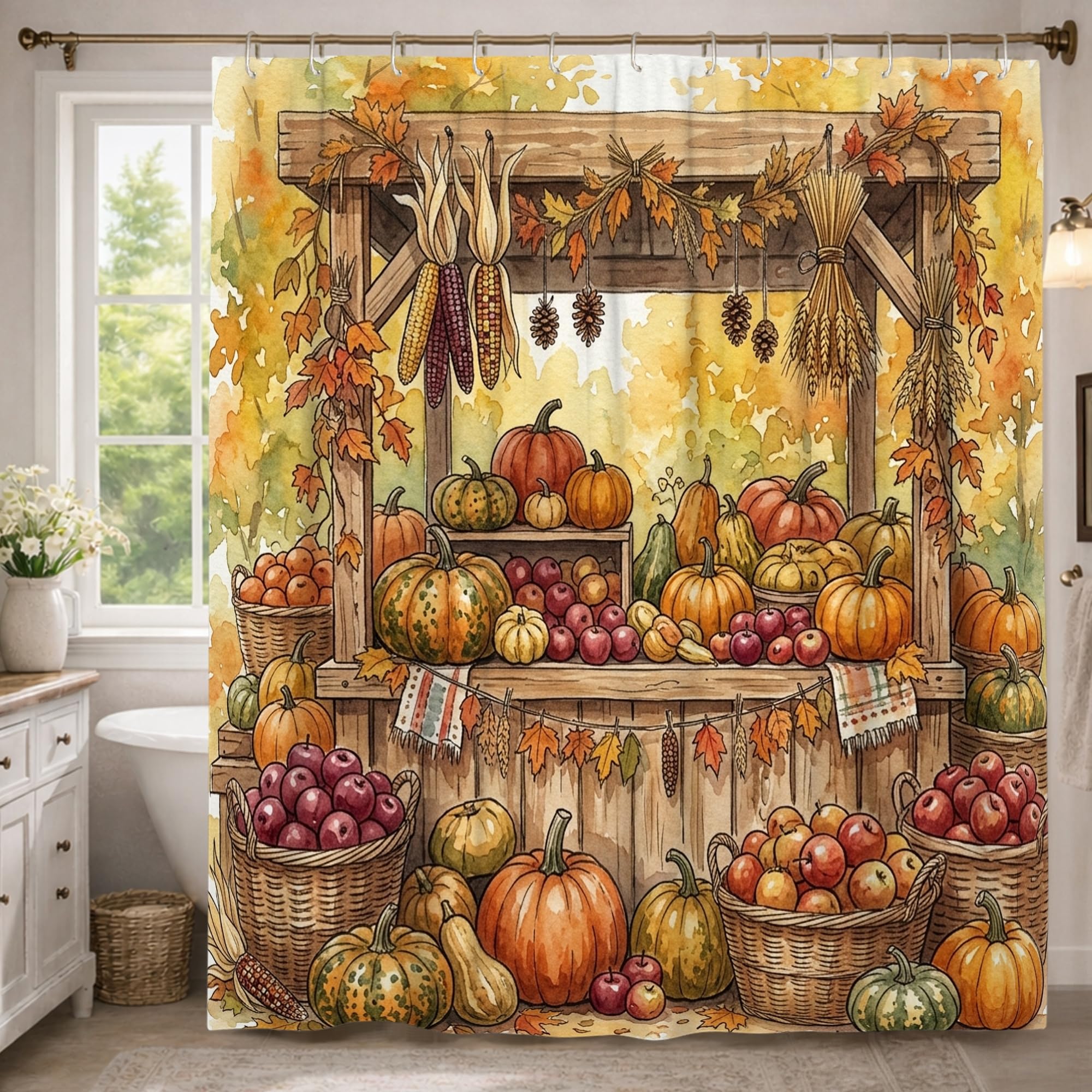Rideau de douche orange extra long imperméable 183x243 pour salle de bain rustique d'automne
