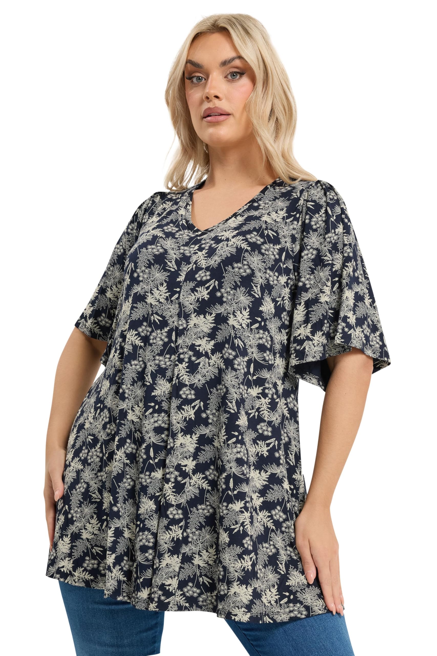 Yours Women's Mid Navy Leaf Print Pleat Front Top In | Size: 18