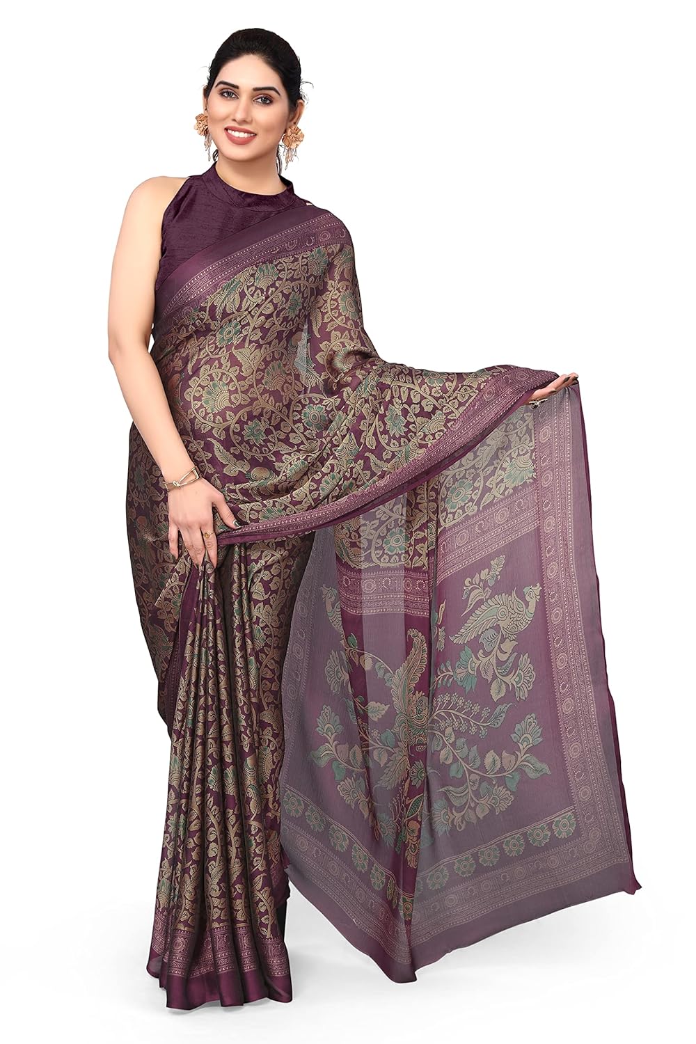 MIRCHI FASHION Women’s Stylish Chiffon Kalmkari Ethnic Motifs and Peacock Printed Saree with Blouse Piece