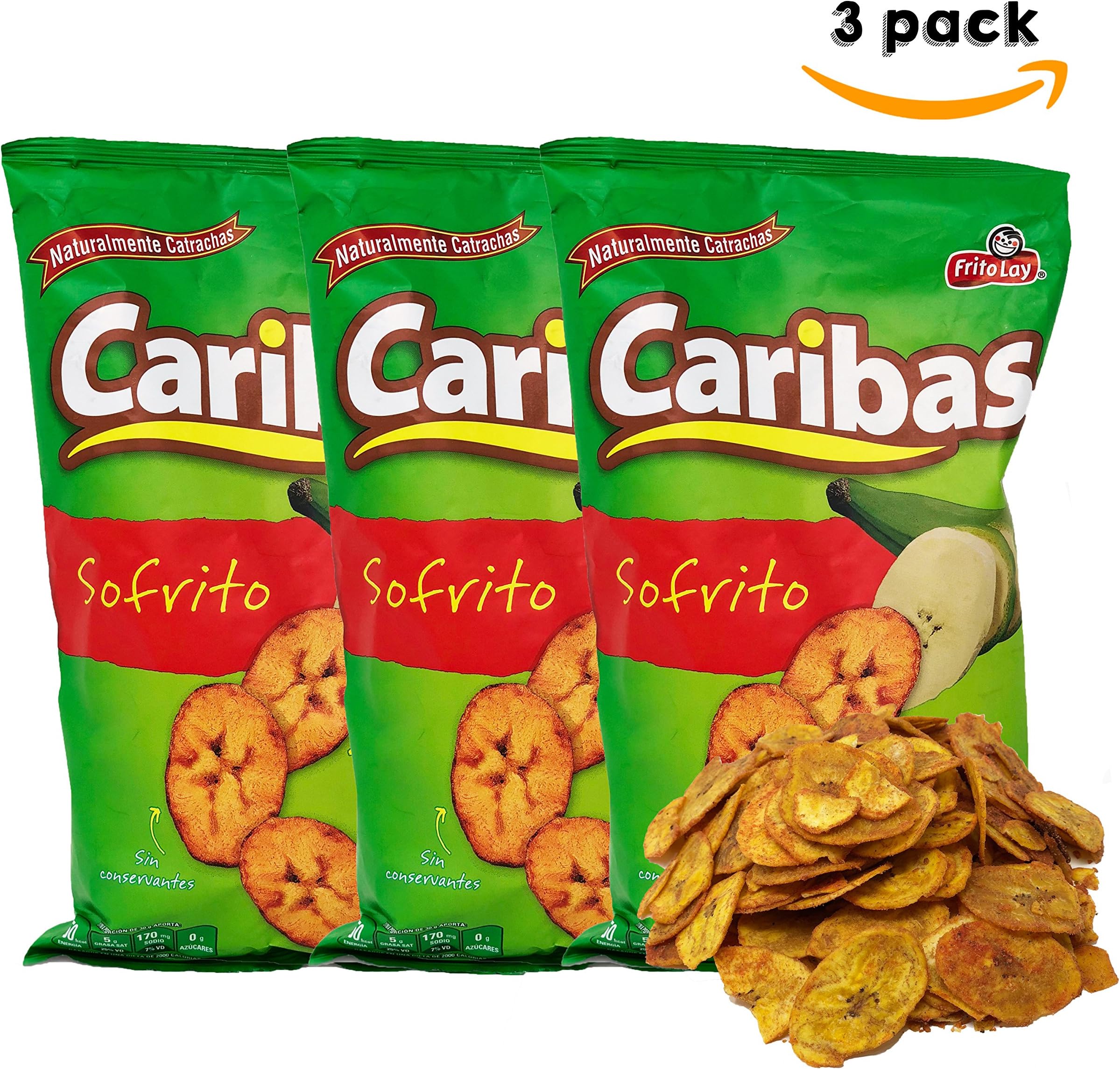 Caribas Plantain Chips: Fried Plantain Chips With Flavor Sofrito | Source Of Fiber | No Preservatives |135g (4.7oz) 3 pack
