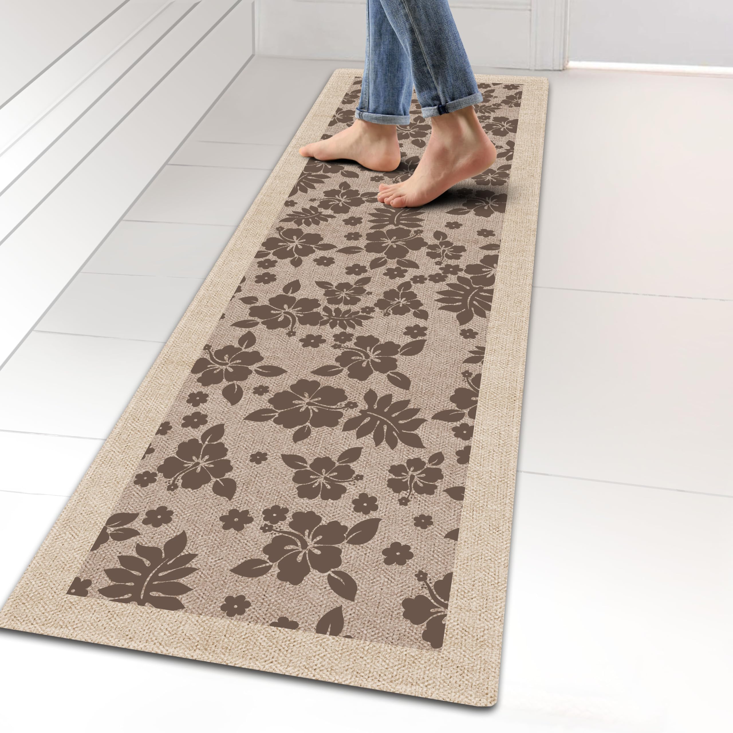 kitchen rugs and mats, washable non-skid kitchen mats for floor, large runner rugs for kitchen floor, front of sink, hallway, laundry room (brown flower, 17"x60")
