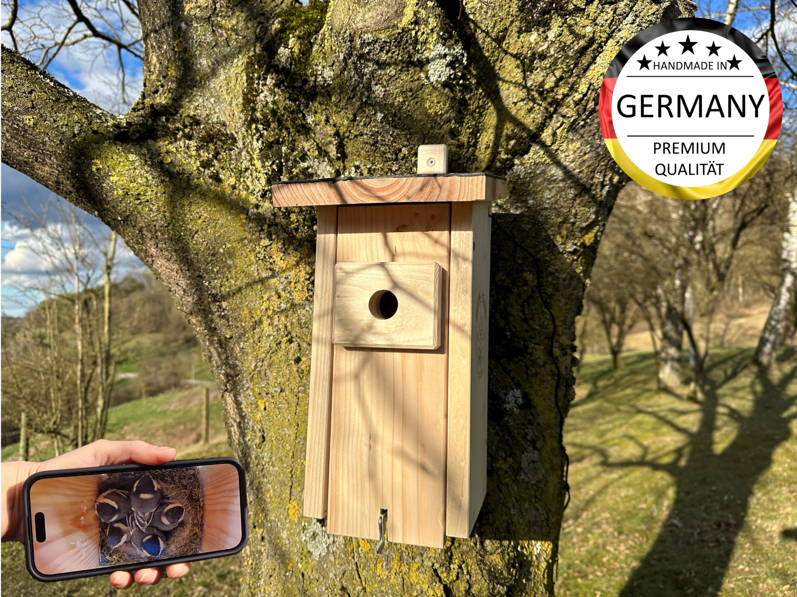 Hochwertiger Nistkasten inklusive Kamera | Live Stream | PEFC® zertifiziertem Massivholz | Brutkasten | Kamera Vogelhaus mit 3m Stromkabel | Geschenkidee Garten