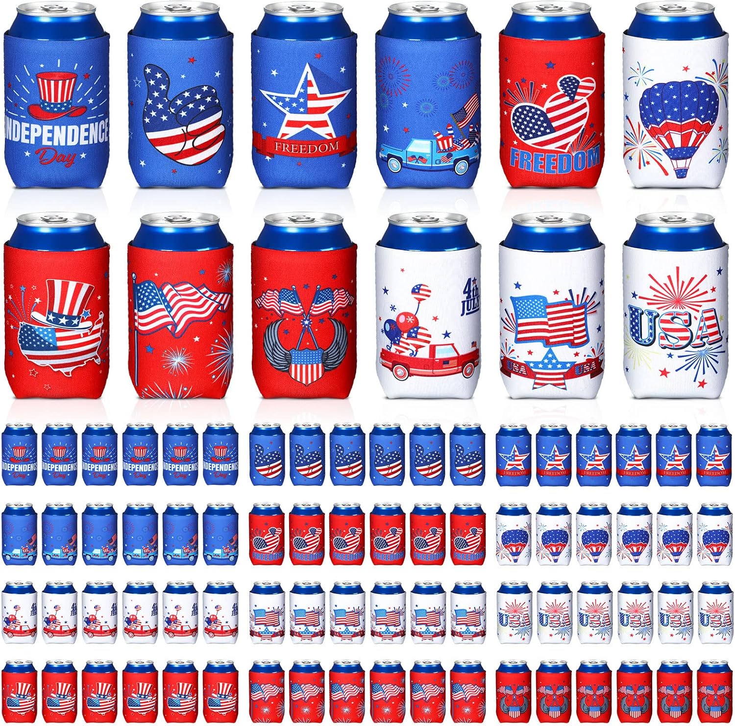 Chengu 72 Pcs 4th of July Patriotic Can Cooler Sleeve Bulk USA Flag Memorial Day Can Cooler Independence Day Beer Covers for Cans 12 oz Collapsible American Soft Can Cooler for Party Favor