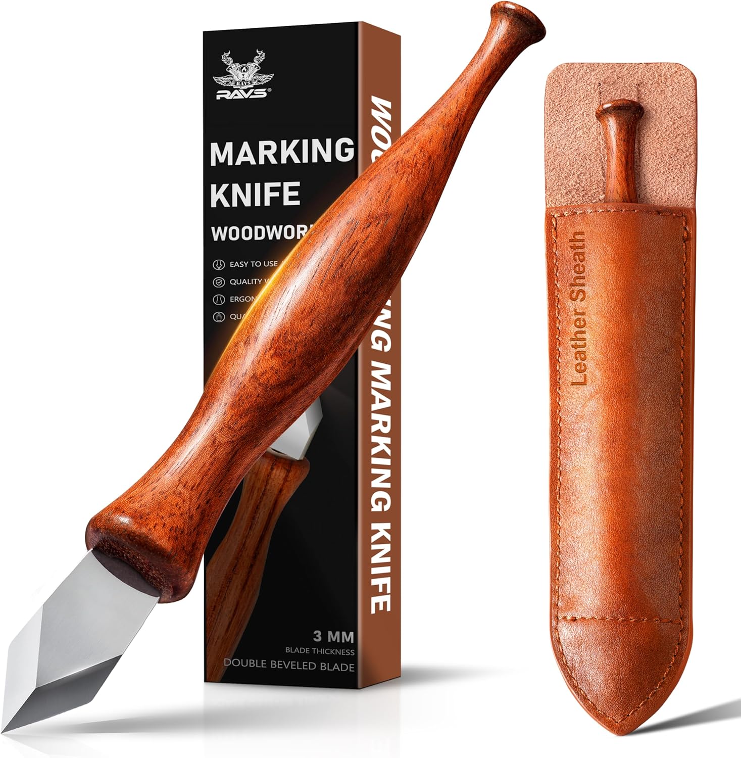 RAVS Double Bevel Striking Marking Knife Woodworking and Leather Sheath, Premium Rosewood Handle Scribing Knife with High Carbon Steel Blade for All Sorts of Wood