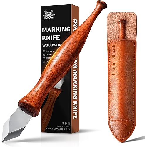 RAVS Double Bevel Striking Marking Knife Woodworking and Leather Sheath, Premium Rosewood Handle Scribing Knife with High Carbon Steel Blade for All Sorts of Wood