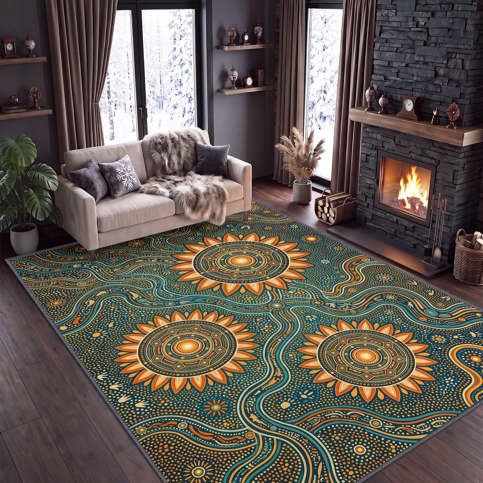 Tribu Traditionnelle Mandala Géométrie Soleil Tapis Salon 100 x 160 cm