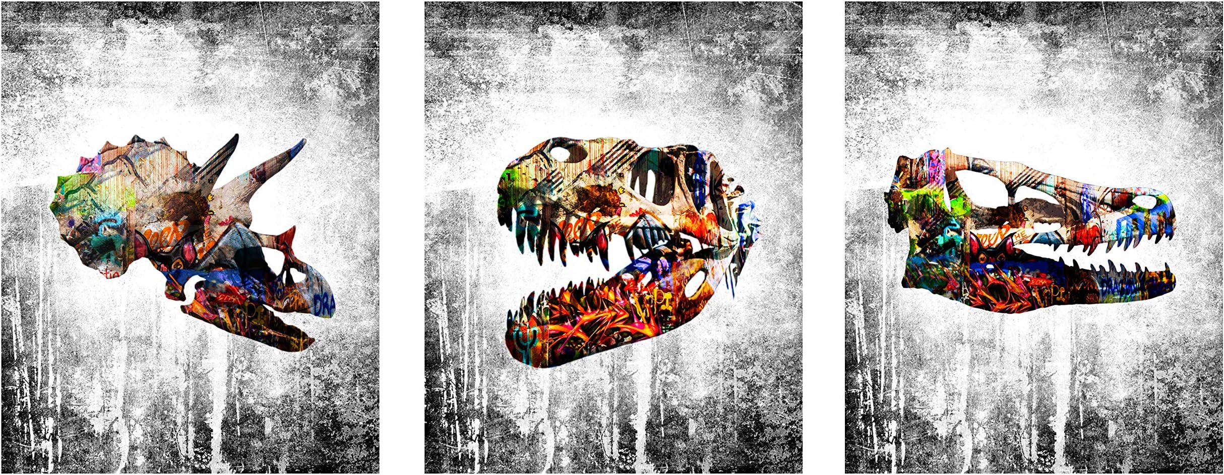 PrintPros Dinosaur Graffiti Wall Art Prints - Set Three Unframed Photos (Grey)